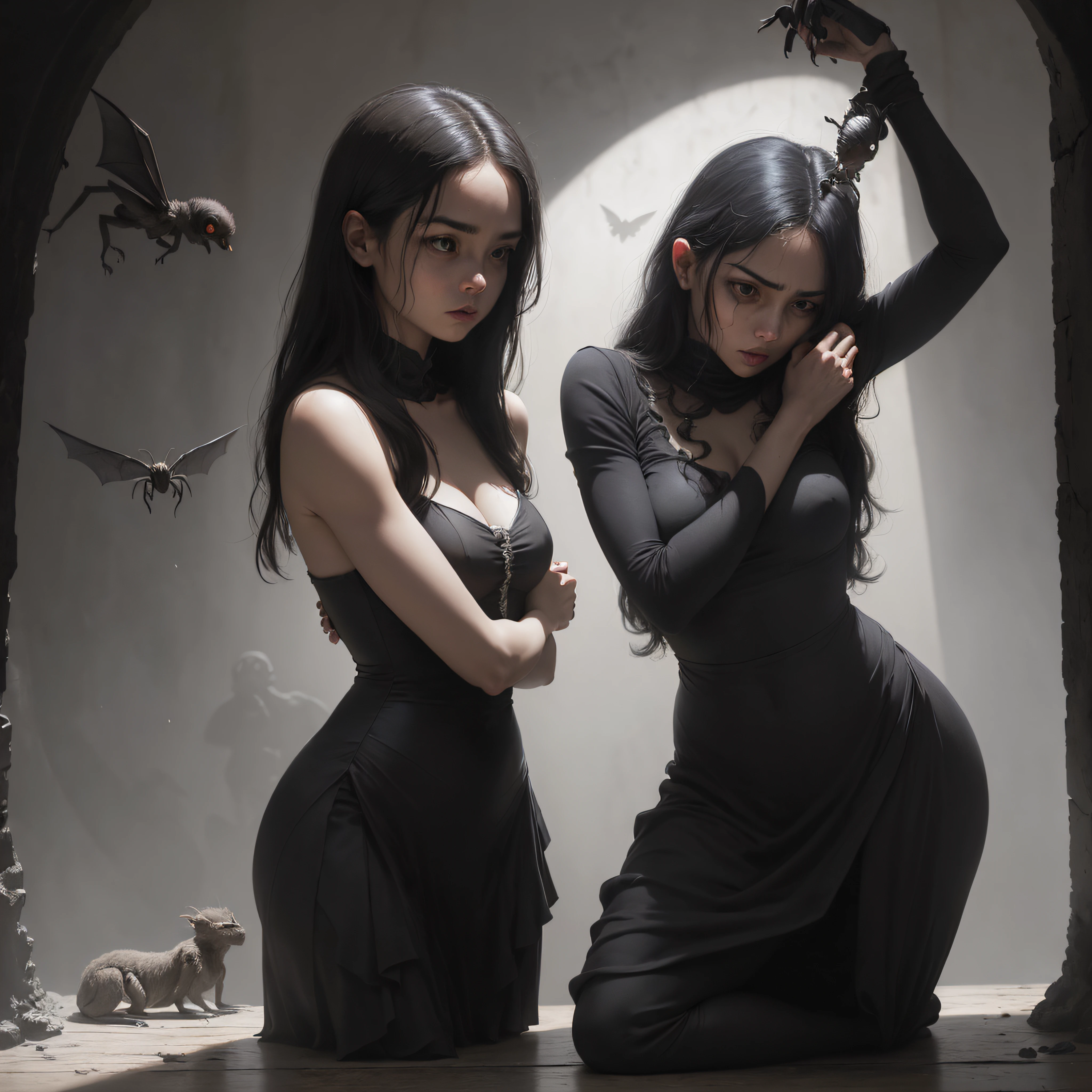 "((obra maestra))(The best lighting, alto contraste, oscuro, dramatic, Acabado fotorrealista),(Red Lingeri),(mujer abraza a Cthulhu), viejos gritando, insectos, Spiders, gorilas, Serpientes. Luz Caravaggio"