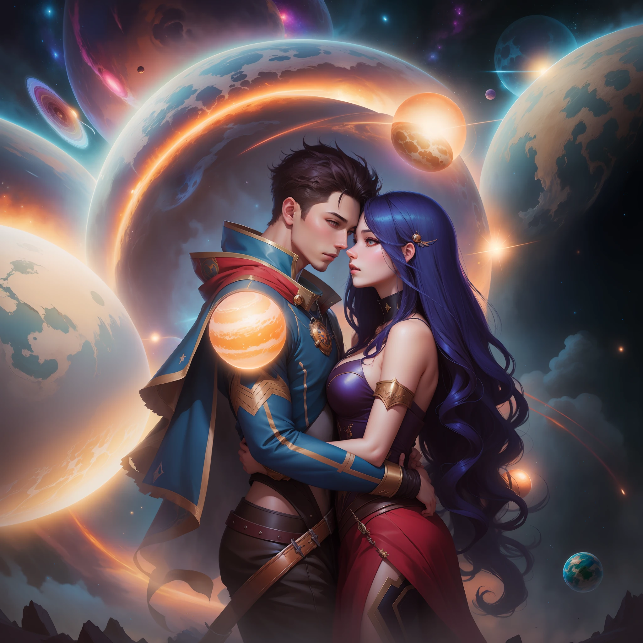anime couple in space with a planet in the background, fantasy art style, fantasy art behance, wlop and ross tran, charlie bowater and artgeem, high quality fantasy art, epic fantasy digital art style, edgar maxence and ross tran, ross tran and bayard wu, digital fantasy art ), fantasy digital art