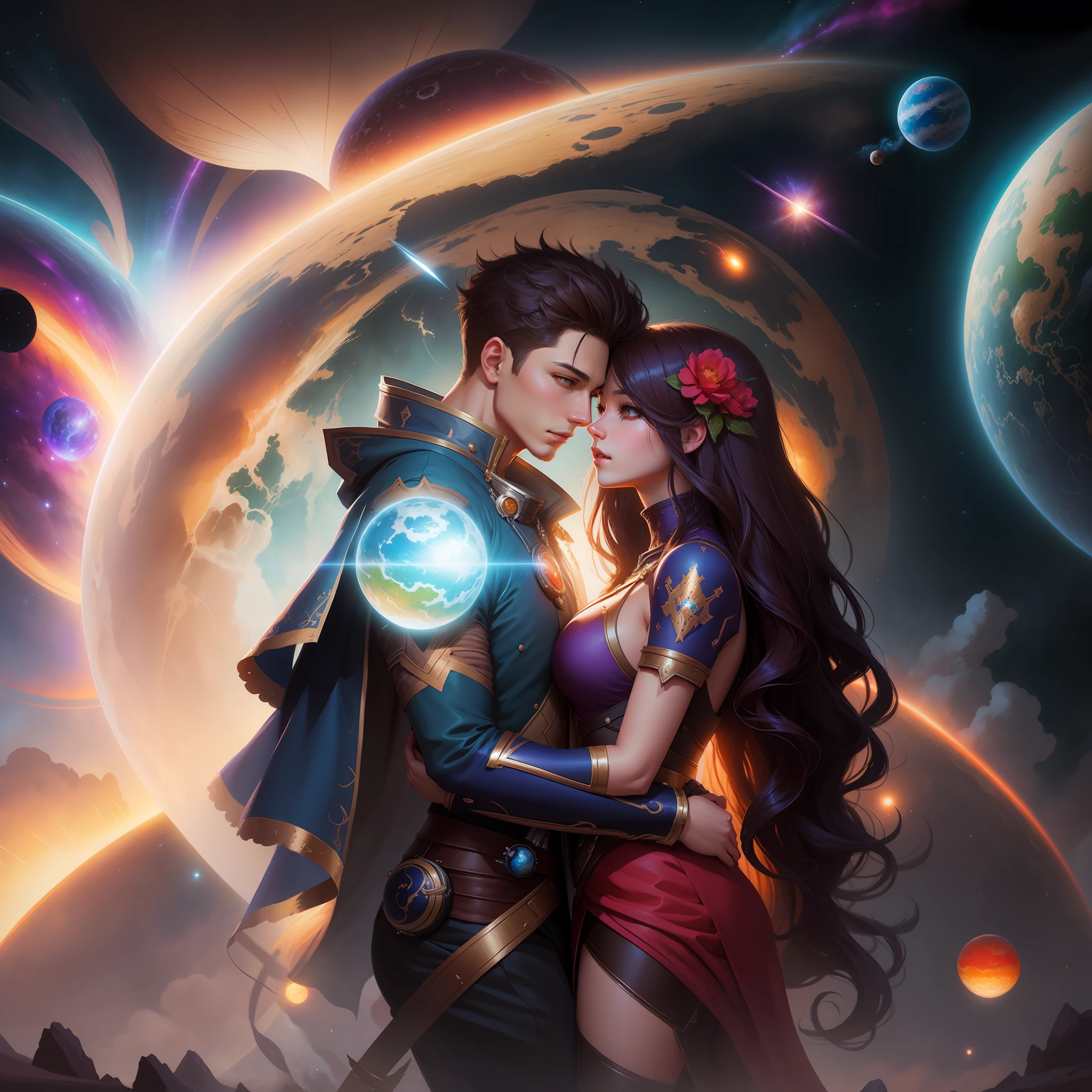 anime couple in space with a planet in the background, fantasy art style, fantasy art behance, wlop and ross tran, charlie bowater and artgeem, high quality fantasy art, epic fantasy digital art style, edgar maxence and ross tran, ross tran and bayard wu, digital fantasy art ), fantasy digital art