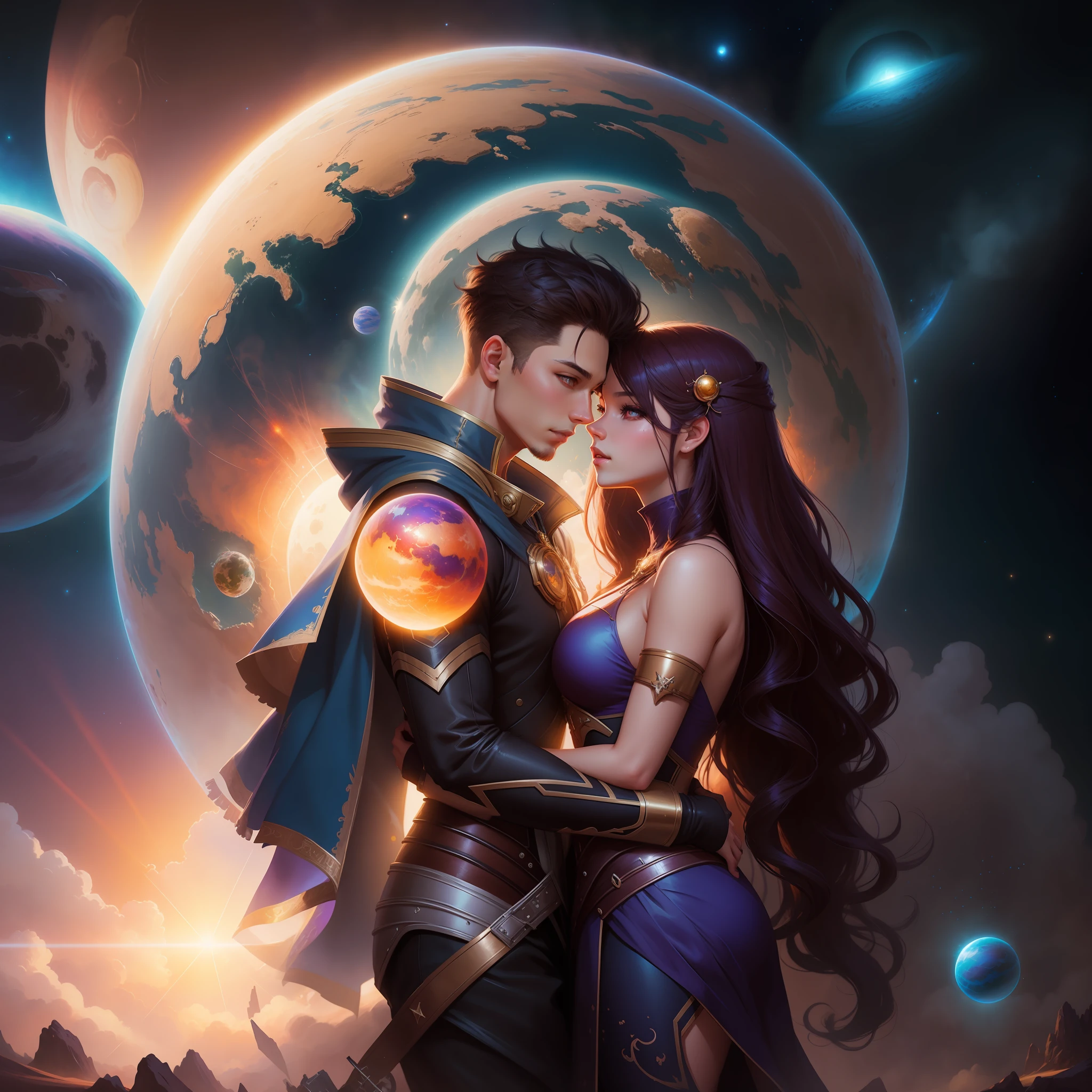 anime couple in space with a planet in the background, fantasy art style, fantasy art behance, wlop and ross tran, charlie bowater and artgeem, high quality fantasy art, epic fantasy digital art style, edgar maxence and ross tran, ross tran and bayard wu, digital fantasy art ), fantasy digital art