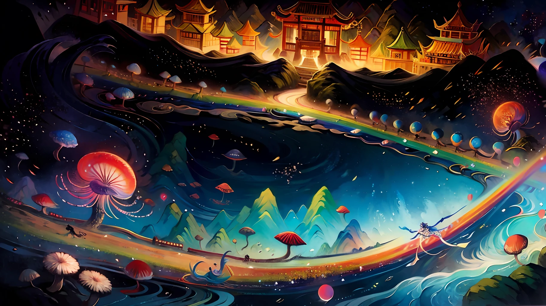 An ancient Chinese painting, ancient Chinese background, mountains, rivers, auspicious clouds, pavilions, sunshine,(psychedelic details),(mushrooms),(rainbow),(trippy),(DMT),intricate details, more details, high details,masterpieces, super detail, epic composition, ultra HD, high quality, extremely detailed, official art, unified 8k wallpaper, Super detail, 32k -- v 6
