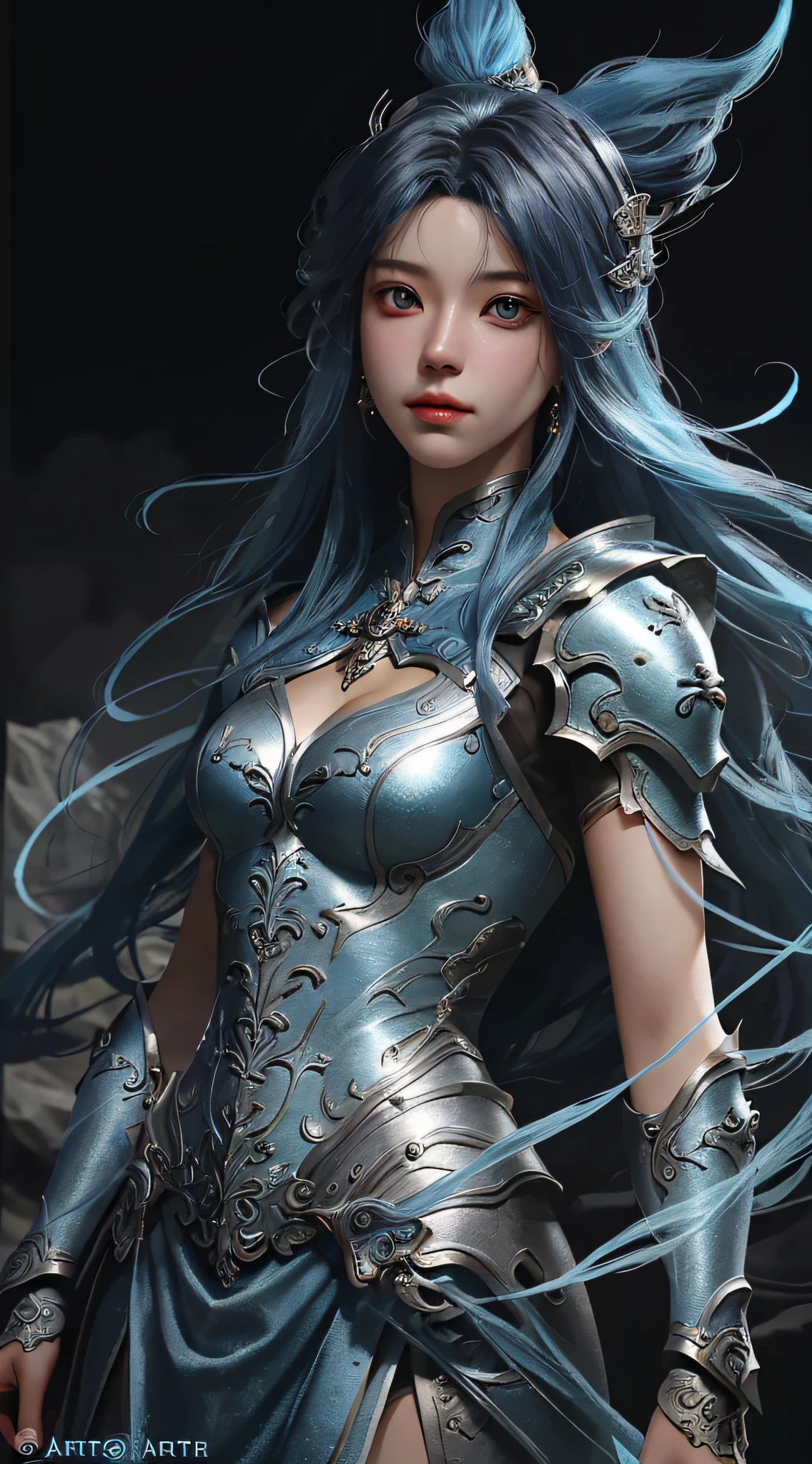 a close up of a woman in a silver and blue dress, chengwei pan on artstation, by Yang J, detailed fantasy art, stunning character art, fanart best artstation, epic exquisite character art, beautiful armor, extremely detailed artgerm, detailed digital anime art, artgerm on artstation pixiv, armor girl