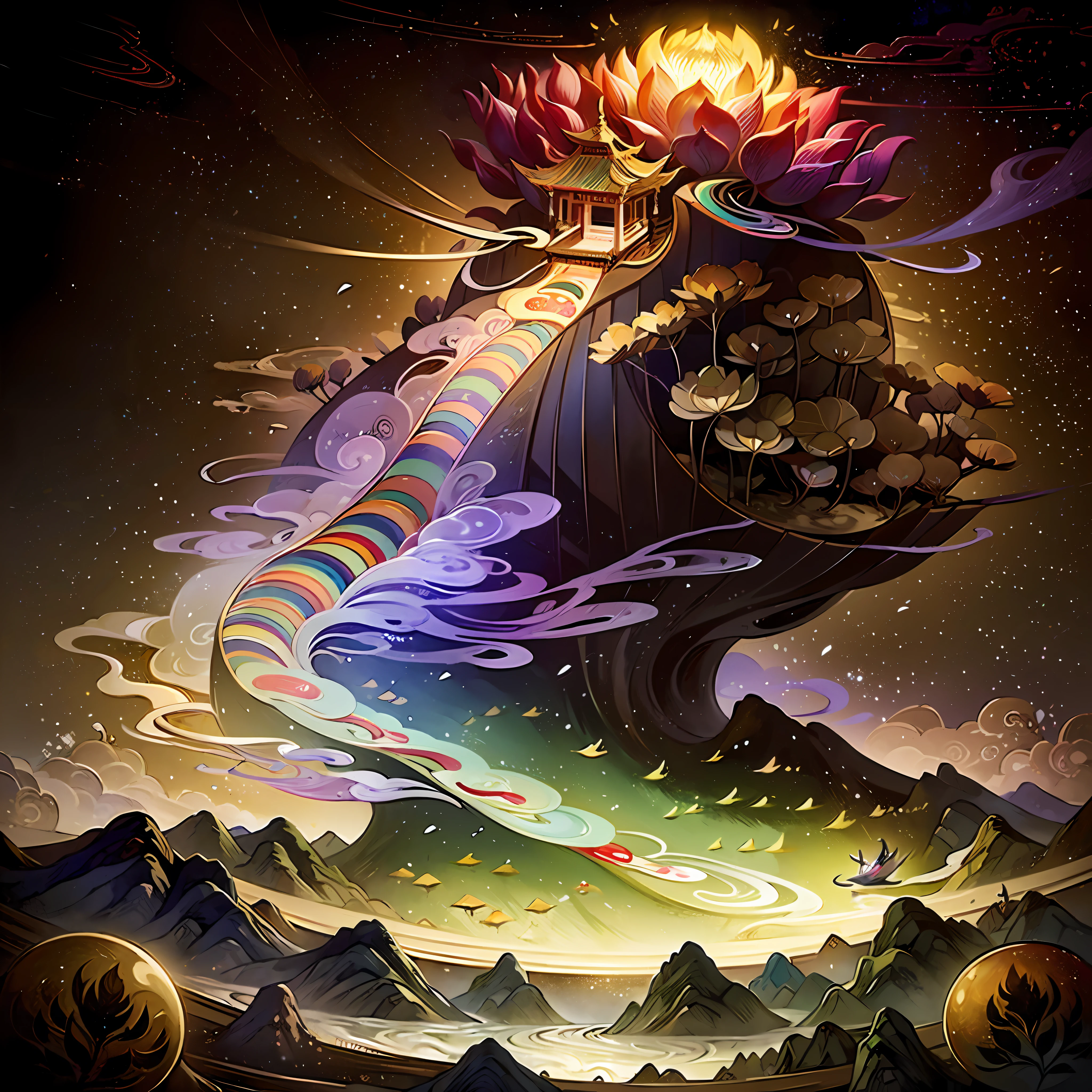 An ancient Chinese painting, ancient Chinese background, mountains, rivers, auspicious clouds, pavilions, sunshine,(psychedelic details),(mushrooms),lotus,(rainbow),(trippy),(DMT),intricate details, more details, high details,masterpieces, super detail, epic composition, ultra HD, high quality, extremely detailed, official art, unified 8k wallpaper,(show full objects ),Super detail, 32k -- v 1.7
