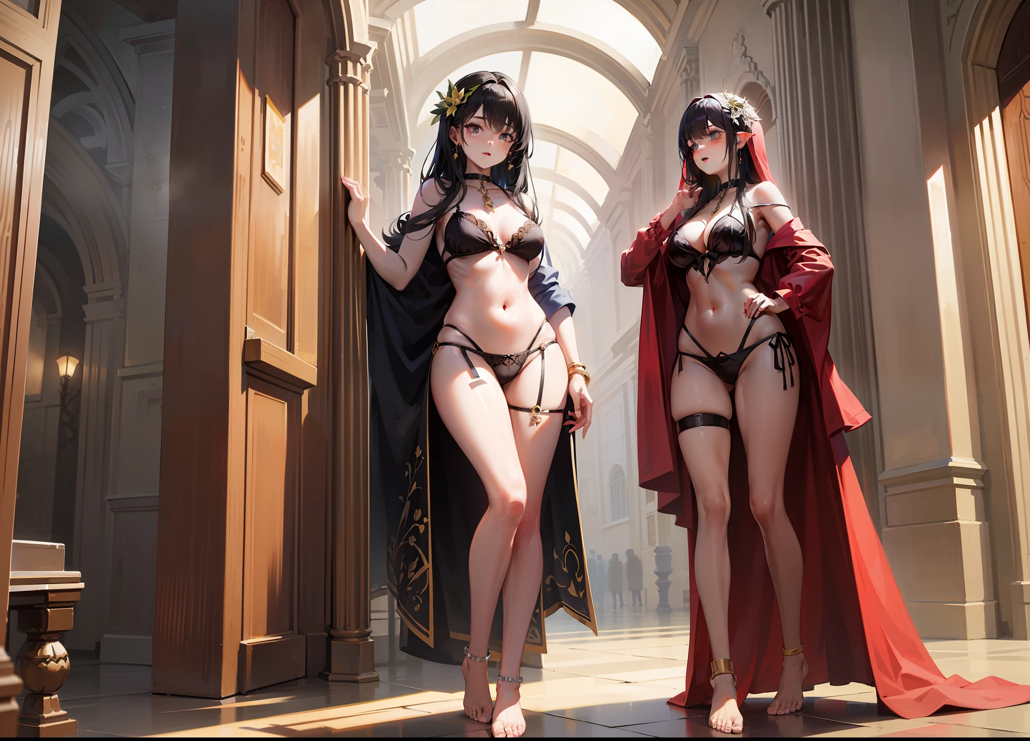 Royal sister style，Hot figure，Well-proportioned，Showing the belly，long leges，Barefoot with anklet，Metal chain erotic lingerie，Split legs，full bodyesbian，with fair skin，Open crotch，One leg straight，One leg is bent