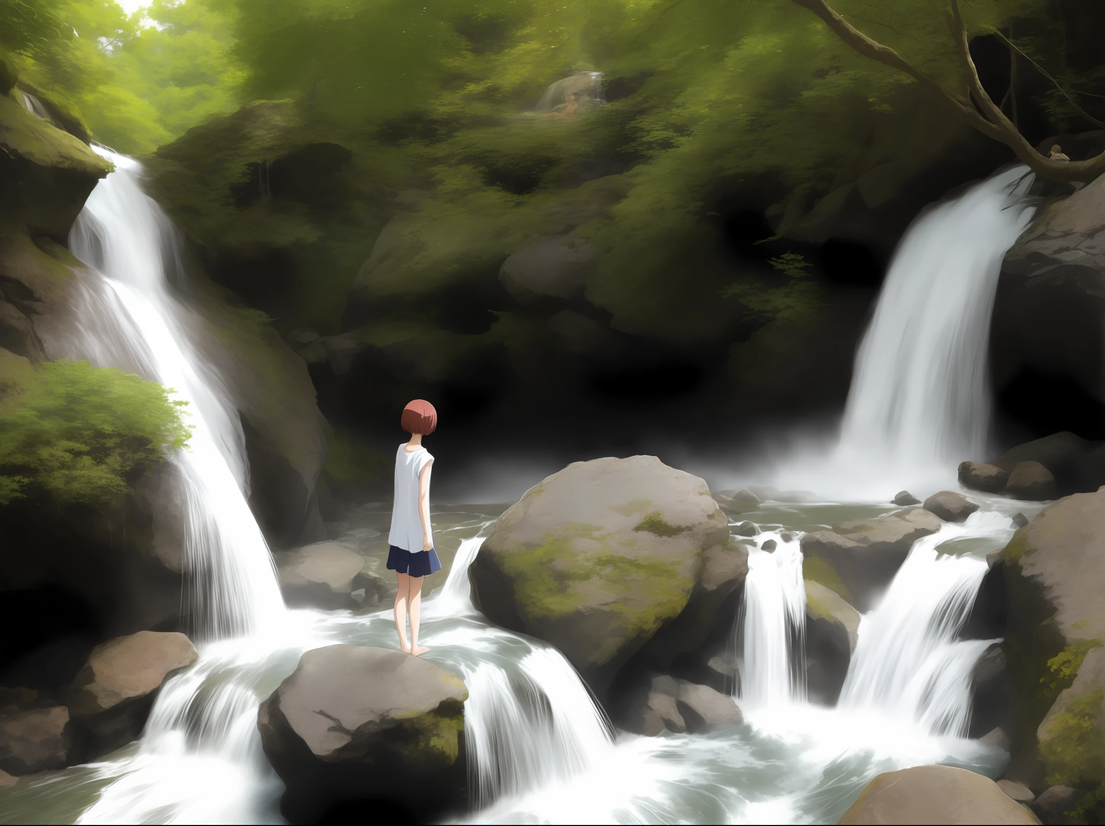 Short haired chestnut anime girl bathing in a waterfall