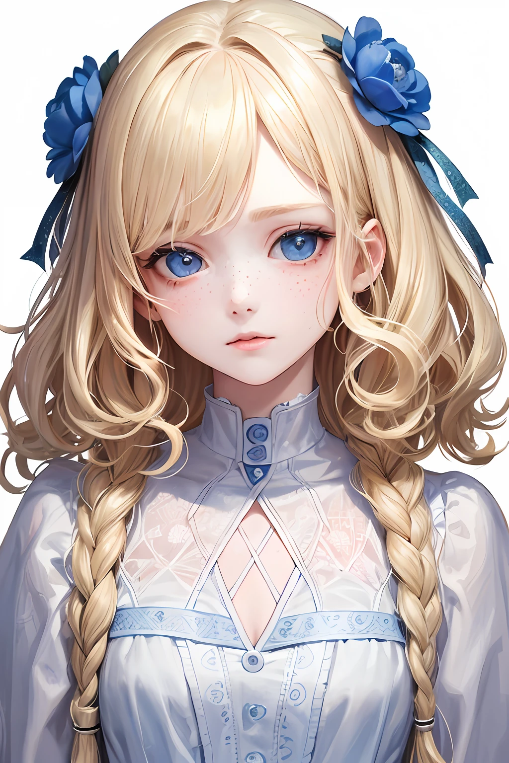 highest quality, pale skin, (face and eyes detail: 1.2), 1 girl, very delicate and beautiful girl, light blond, wavy short hair, blue eyes, snub nose, (slightly childish appearance), ((very beautiful)), ( freckles: 0.7), curls, science fiction, suffering, pain, despair, death, time.