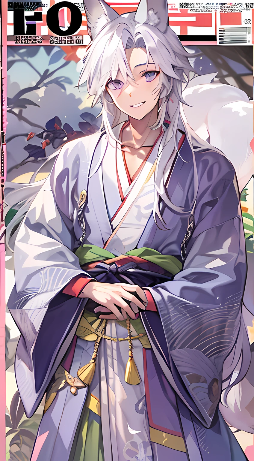 Tall guy, long white hair, fox ears, purple eyes, open kimono, open chest, chains, smile, masterpiece, high quality, (magazine:1.3), (cover-style:1.3)