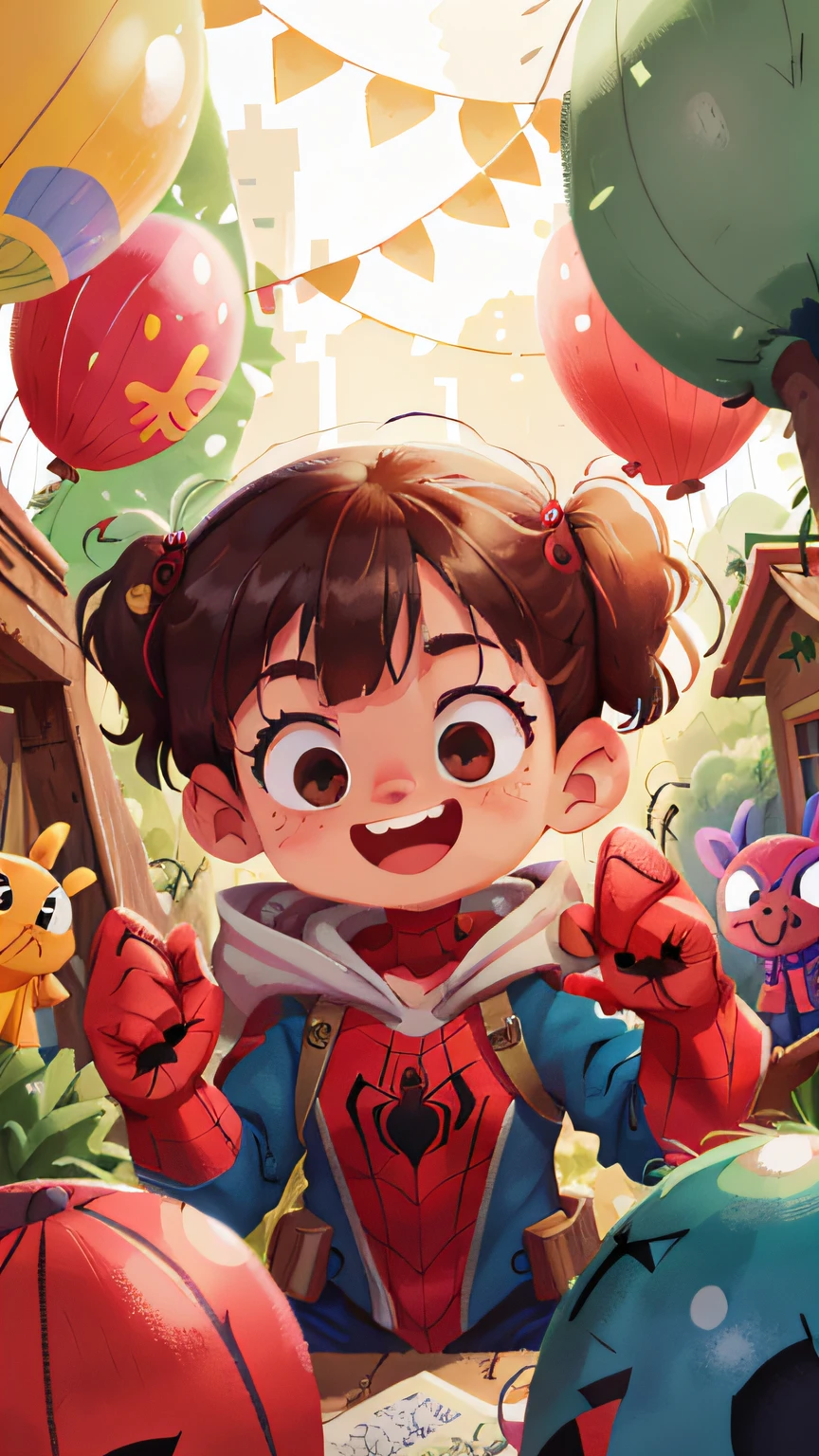 zoo,Female Spider-Man girl,Spider-Man's clothes,Many balloons,cheerfulness,Rejoice,Perfect quality,Clear focus(Clutter - home:0.8), (tmasterpiece:1.2) (realisticlying:1.2) (Bokeh) (best qualtiy) (detailedskin:1.3) (complexdetails) (8K) (detailedeyes) (Sharp focus),(having fun)
