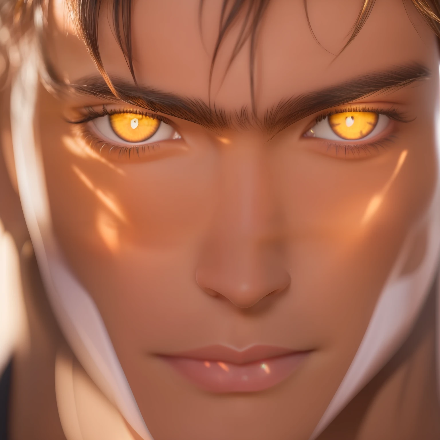Primer plano de un chico guapo, intense amber eyes, Translucent, con una mirada serena, amable y sexy, muy guapo, amber eyes, dorado, Translucent, Clear lighting, Clear8K