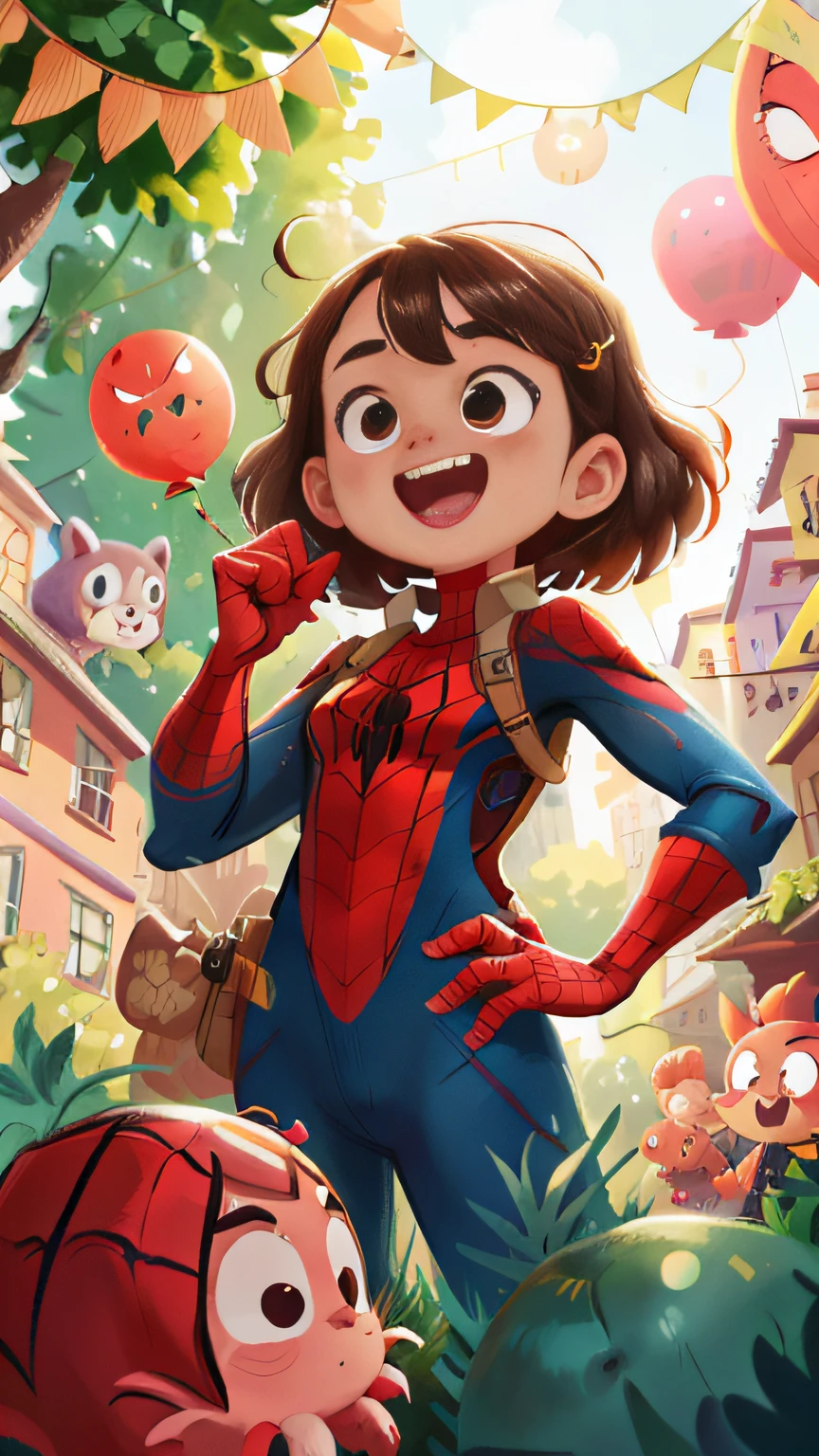 zoo，Female Spider-Man girl，Spider-Man's clothes，Many balloons,cheerfulness，Rejoice，Perfect quality，Clear focus（Clutter - home：0.8）， （tmasterpiece：1.2） （realisticlying：1.2） （Bokeh） （best qualtiy） （detailedskin：1.3） （complexdetails） （8K） （detailedeyes） （Sharp focus）,（having fun）