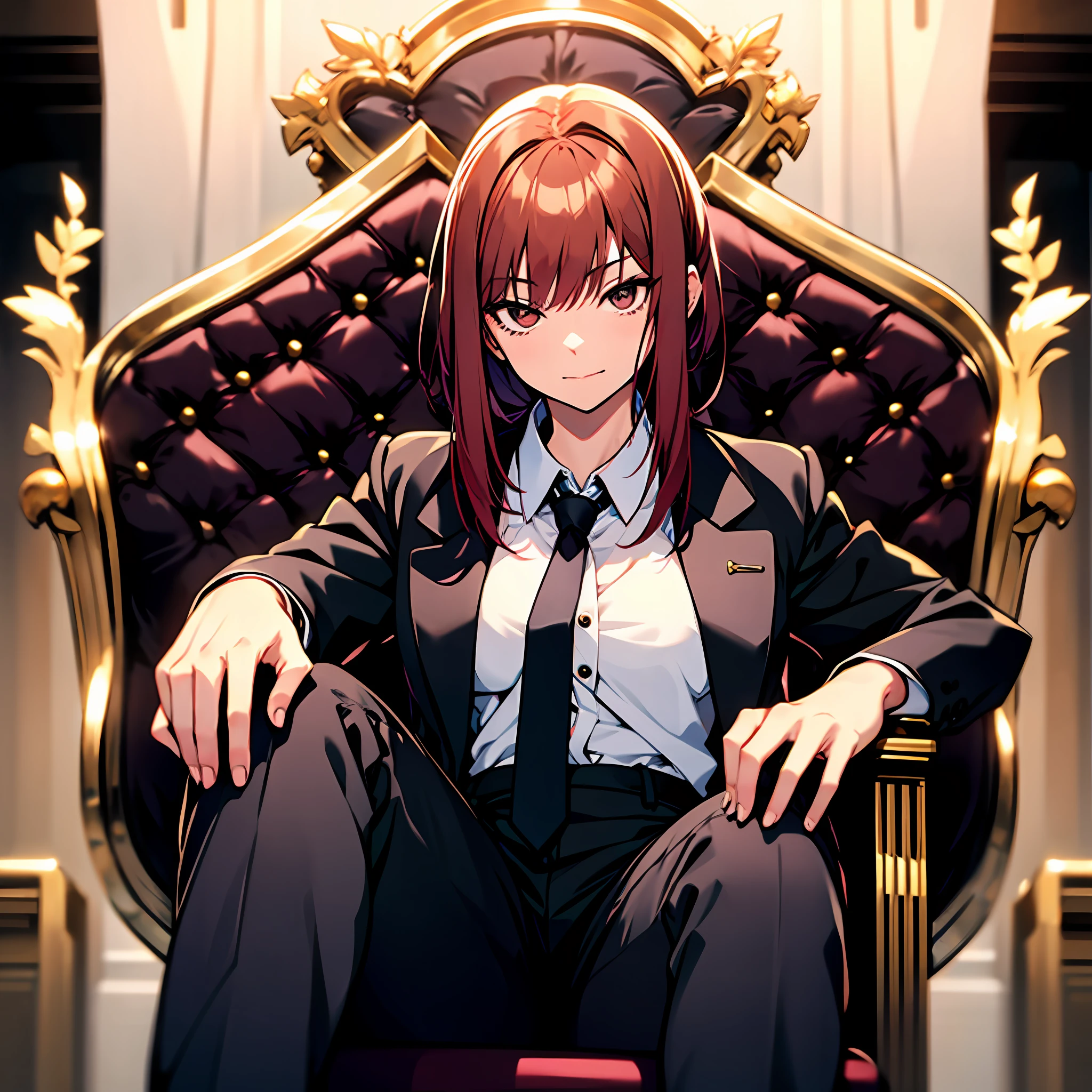 masterpiece), (best quality), Makima, chainsaw man anime Style, sitting on gold throne,crossed legs, (blurry background), 1girl, white button up shirt, black suit pants, red tie, arms resting on arm rests