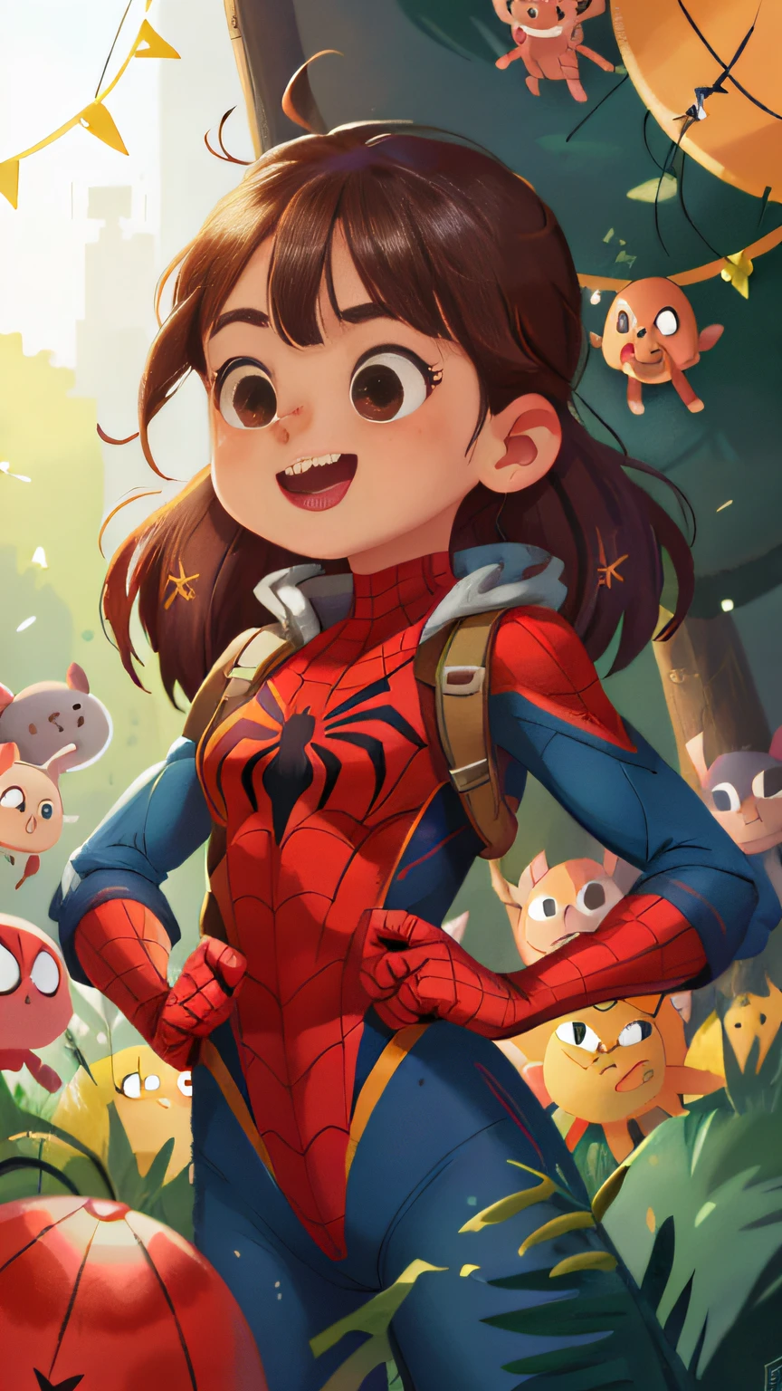 zoo,Female Spider-Man girl,Spider-Man's clothes,Many balloons,cheerfulness,Rejoice,Perfect quality,Clear focus(Clutter - home:0.8), (tmasterpiece:1.2) (realisticlying:1.2) (Bokeh) (best qualtiy) (detailedskin:1.3) (complexdetails) (8K) (detailedeyes) (Sharp focus),(having fun)