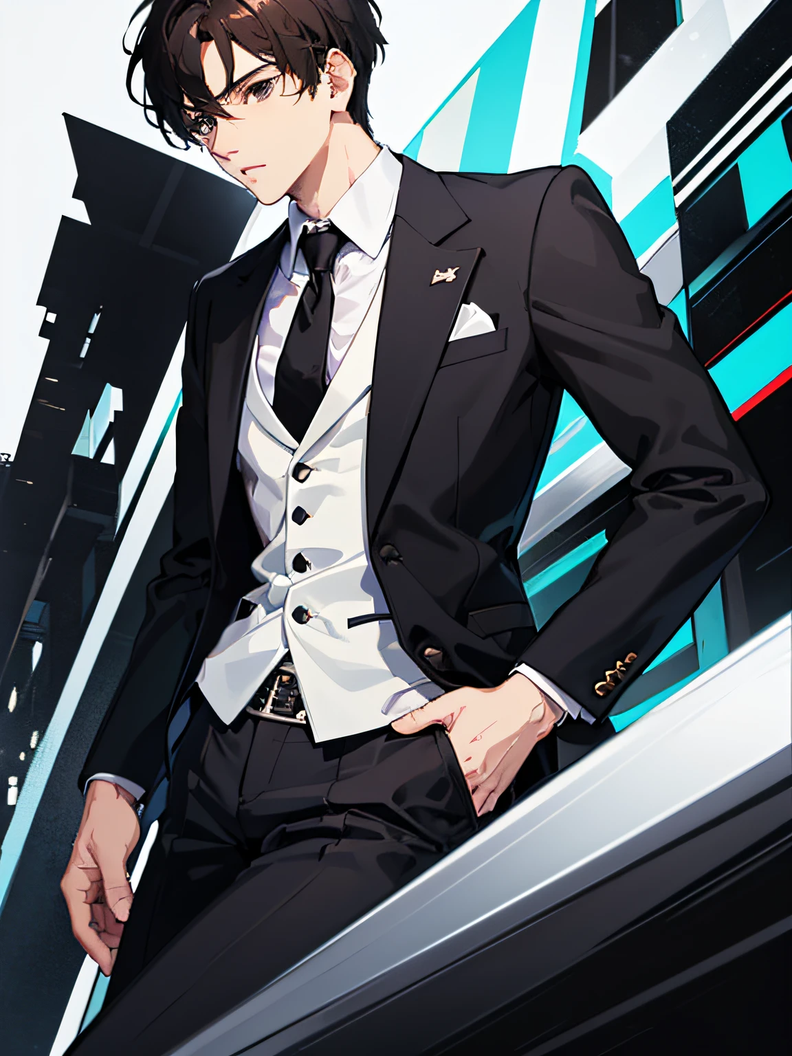 of a guy, brunette color hair, Black eyes, black suit jacket, White color blouse, Black trousers, Random background,dynamic angle,temperament,opulent