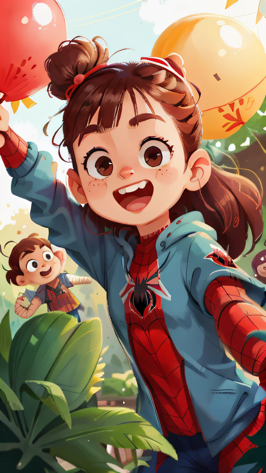 zoo,Female Spider-Man girl,Spider-Man's clothes,Many balloons,cheerfulness,Rejoice,Perfect quality,Clear focus(Clutter - home:0.8), (tmasterpiece:1.2) (realisticlying:1.2) (Bokeh) (best qualtiy) (detailedskin:1.3) (complexdetails) (8K) (detailedeyes) (Sharp focus),(having fun)