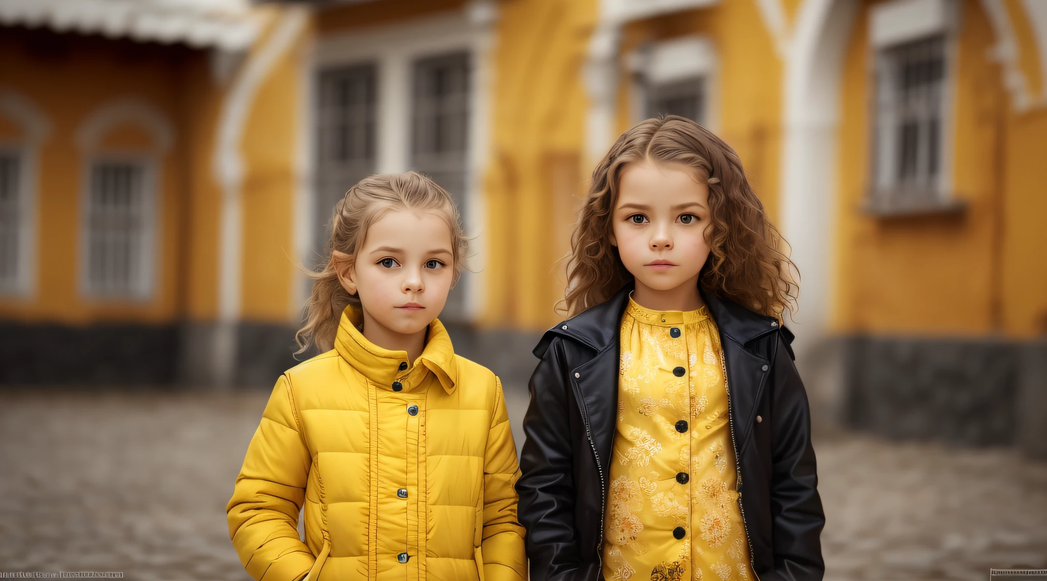 GIRLS Russian  with 10 yearscabelos compridos, PORTRAIT, JAQUETA PRETA E ROUPA PRETA, FUNDO AMARELO.