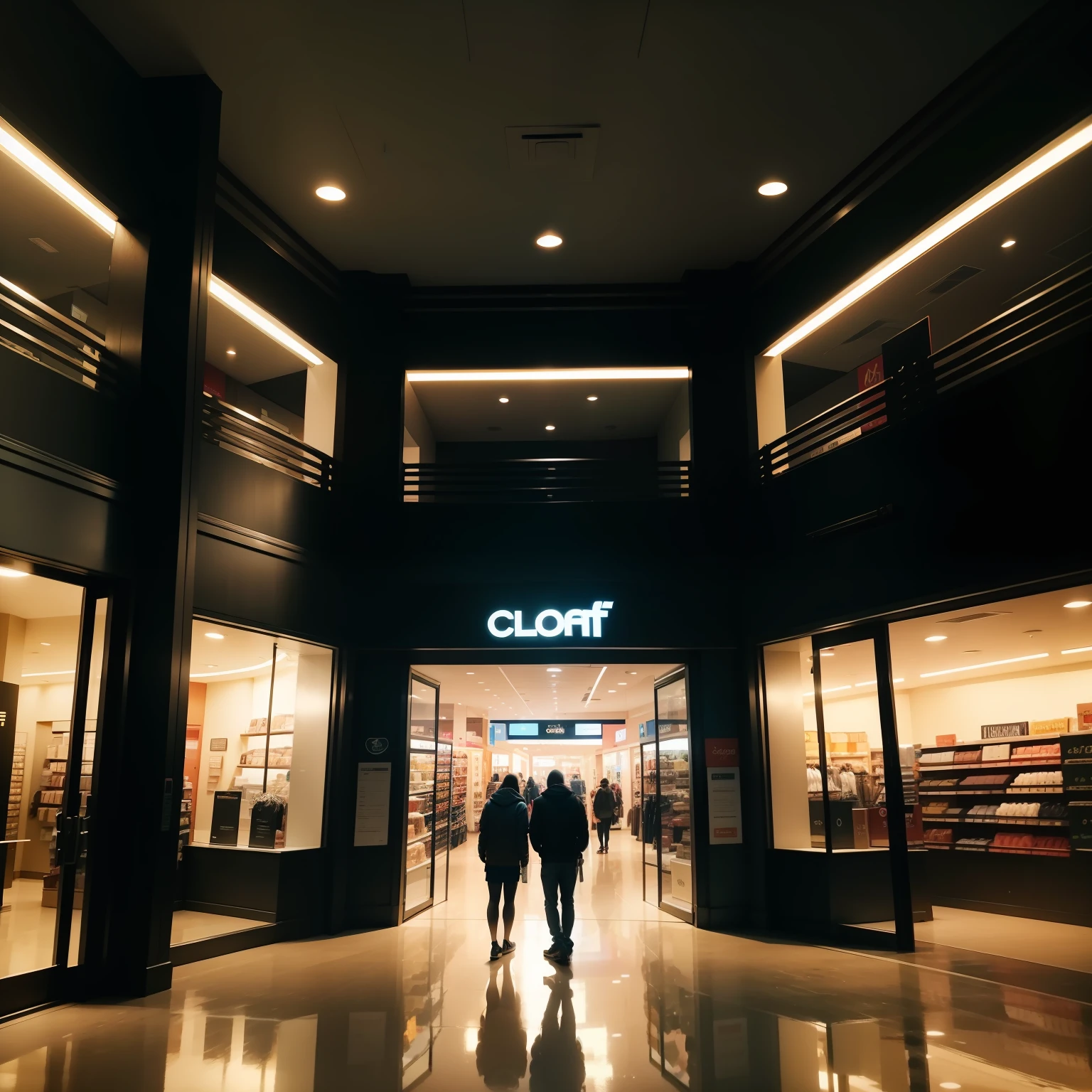 a store in the mall with the lights on and all around closed with lights off, the whole shopping center in total darkness, ultra realistic image