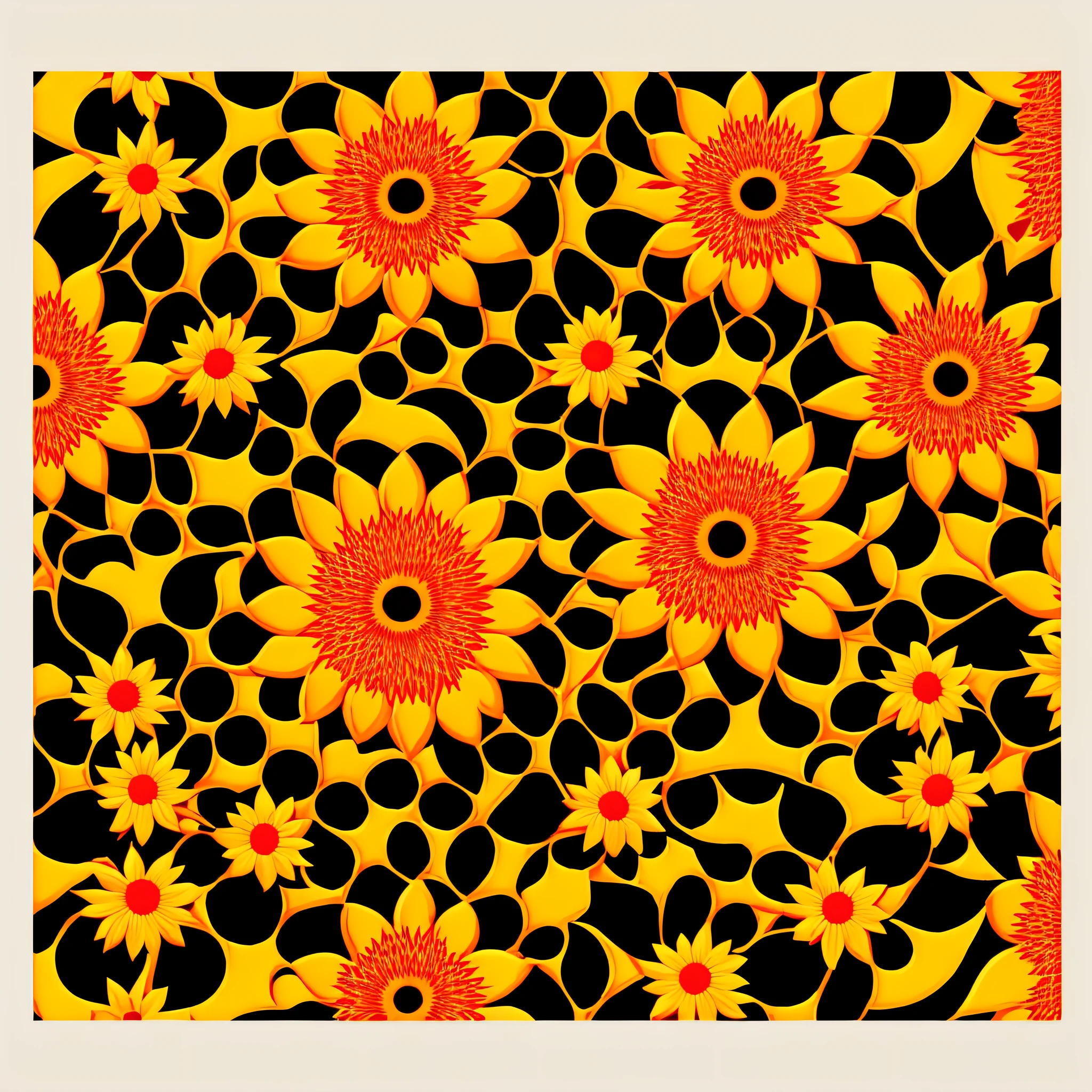 pattern, 2k, 2d, sunflower flowers, indian red color, white color, black color, neon yellow grenn colors, with white background --auto