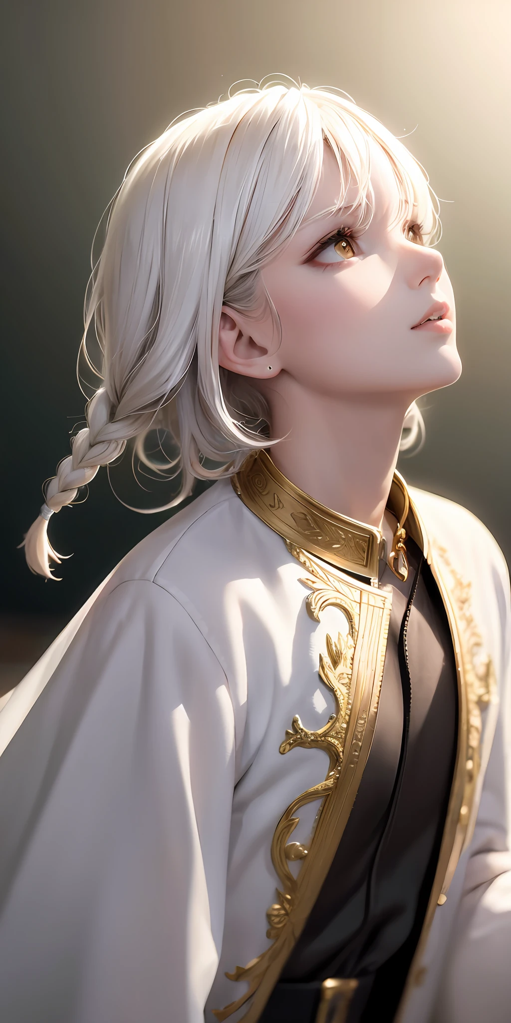 best quality, masterpiece,white hair, gold eyes,white clothes, looking up, upper body,hair strand,Fair skin,side braids