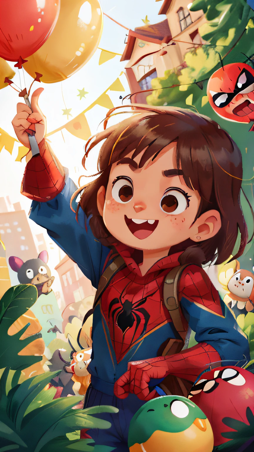 zoo,Female Spider-Man girl,Spider-Man's clothes,Many balloons,cheerfulness,Rejoice,Perfect quality,Clear focus(Clutter - home:0.8), (tmasterpiece:1.2) (realisticlying:1.2) (Bokeh) (best qualtiy) (detailedskin:1.3) (complexdetails) (8K) (detailedeyes) (Sharp focus),(having fun)