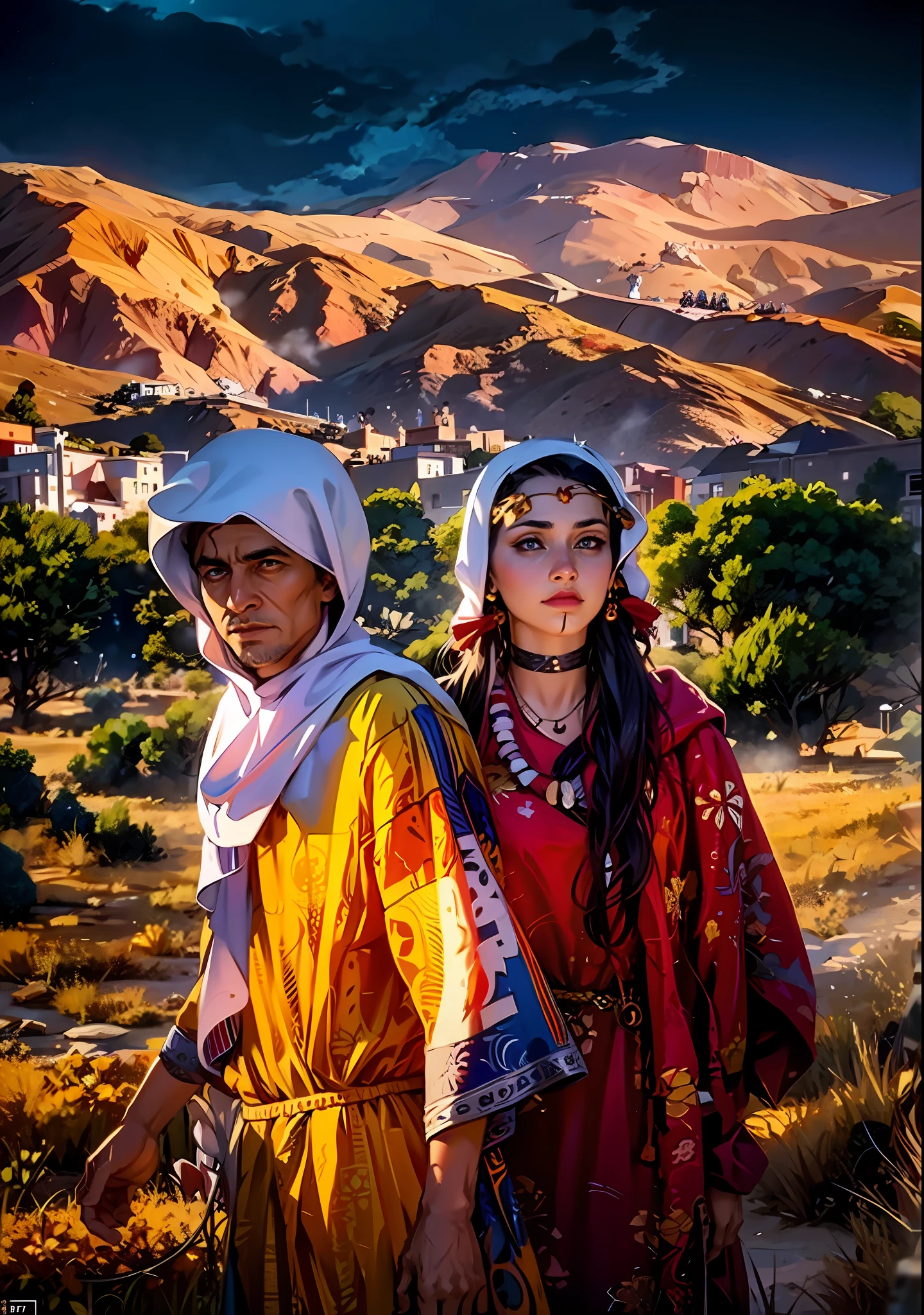 (Best Quality, Masterpiece), A cinematic movie poster for a historical film, cinematic, fade, Arabic couple, showcasing their Berber heritage, man wearing blue Djellaba, white hoodie, woman wearing red scarf, tattoo on her face, standing in the mesmerizing expanse of the desert, night sky, night time scene, movie cover, movie poster, cinematic fade, mist, night sky, look at the viewer,