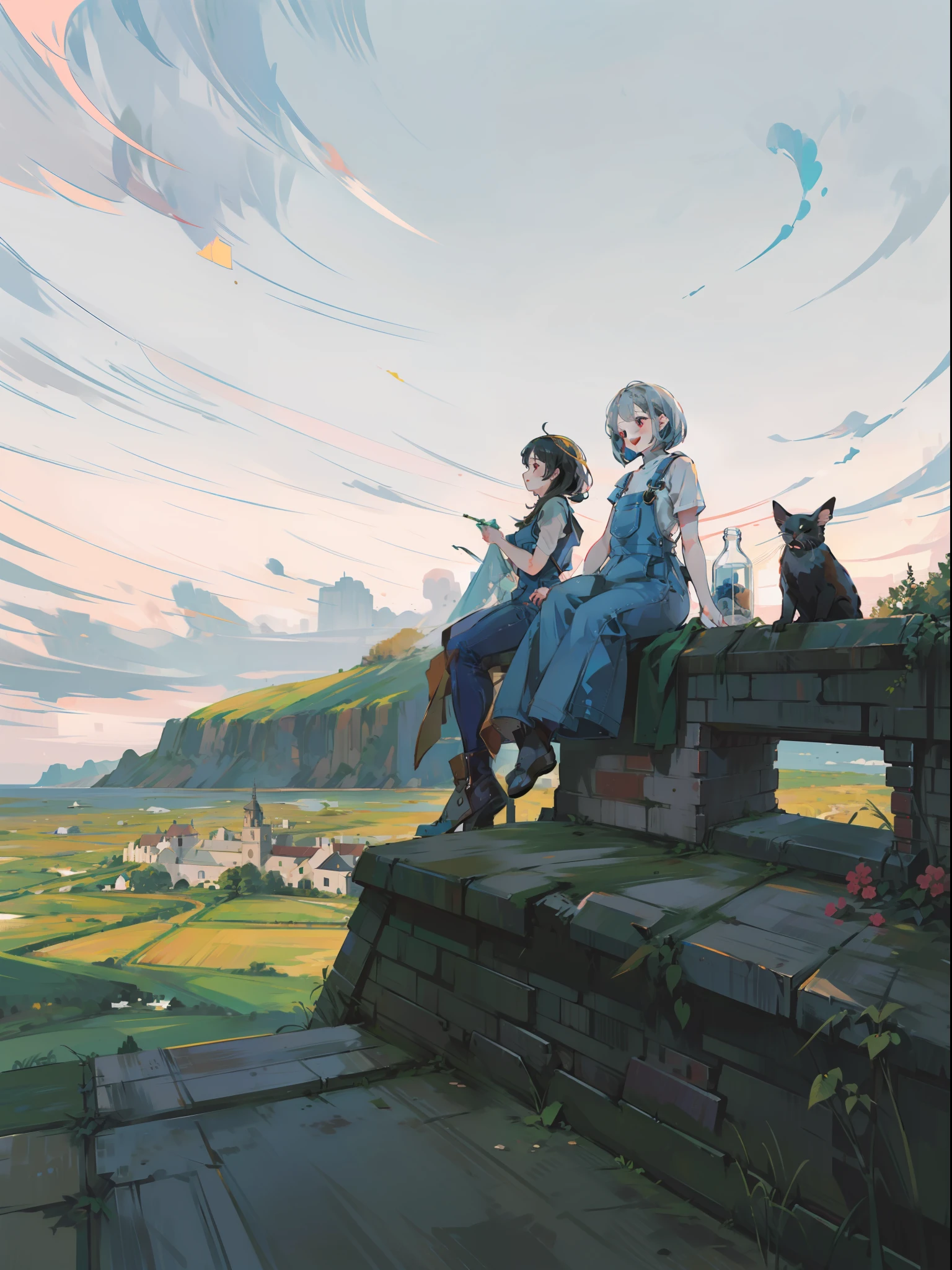 Very beautiful woman sitting on top of a tall building。Smiling。Composition looking down from above。Silver Wave Bob Hair。Coolly decorated overalls with damage。Brick cityscape。vast blue sky。Dynamic composition with depth。Extremely high quality、high-level image quality、Extremely delicate drawing。Rarely seen workmanship