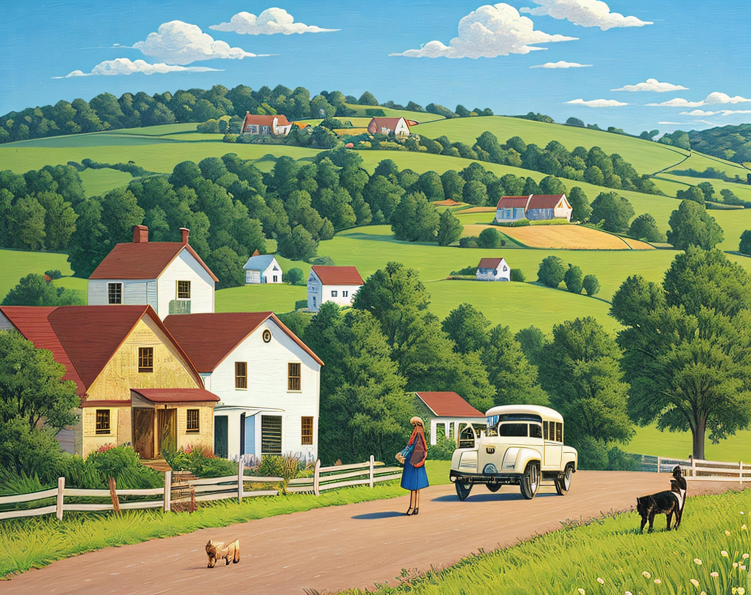 high quality comic of a woman and her dog on a country road, countryside city scene, rural splendor, naive art, american scene painting, country landscape, on a bright day, beautiful small town, by artist john sloane