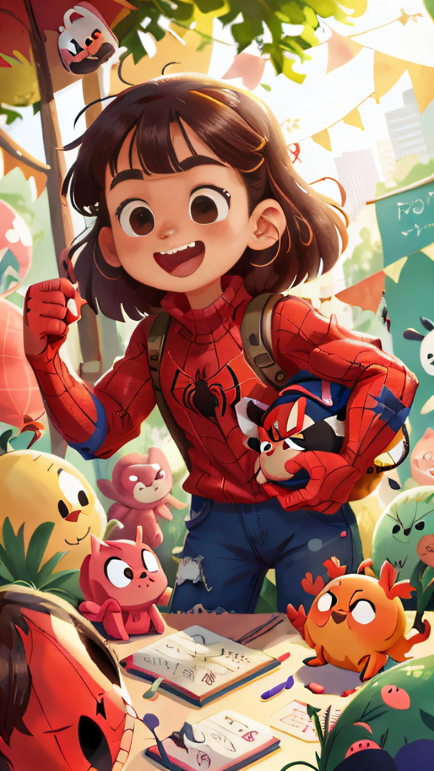 zoo,Female Spider-Man girl,Spider-Man's clothes,Many balloons,cheerfulness,Rejoice,Perfect quality,Clear focus(Clutter - home:0.8), (tmasterpiece:1.2) (realisticlying:1.2) (Bokeh) (best qualtiy) (detailedskin:1.3) (complexdetails) (8K) (detailedeyes) (Sharp focus),(having fun)