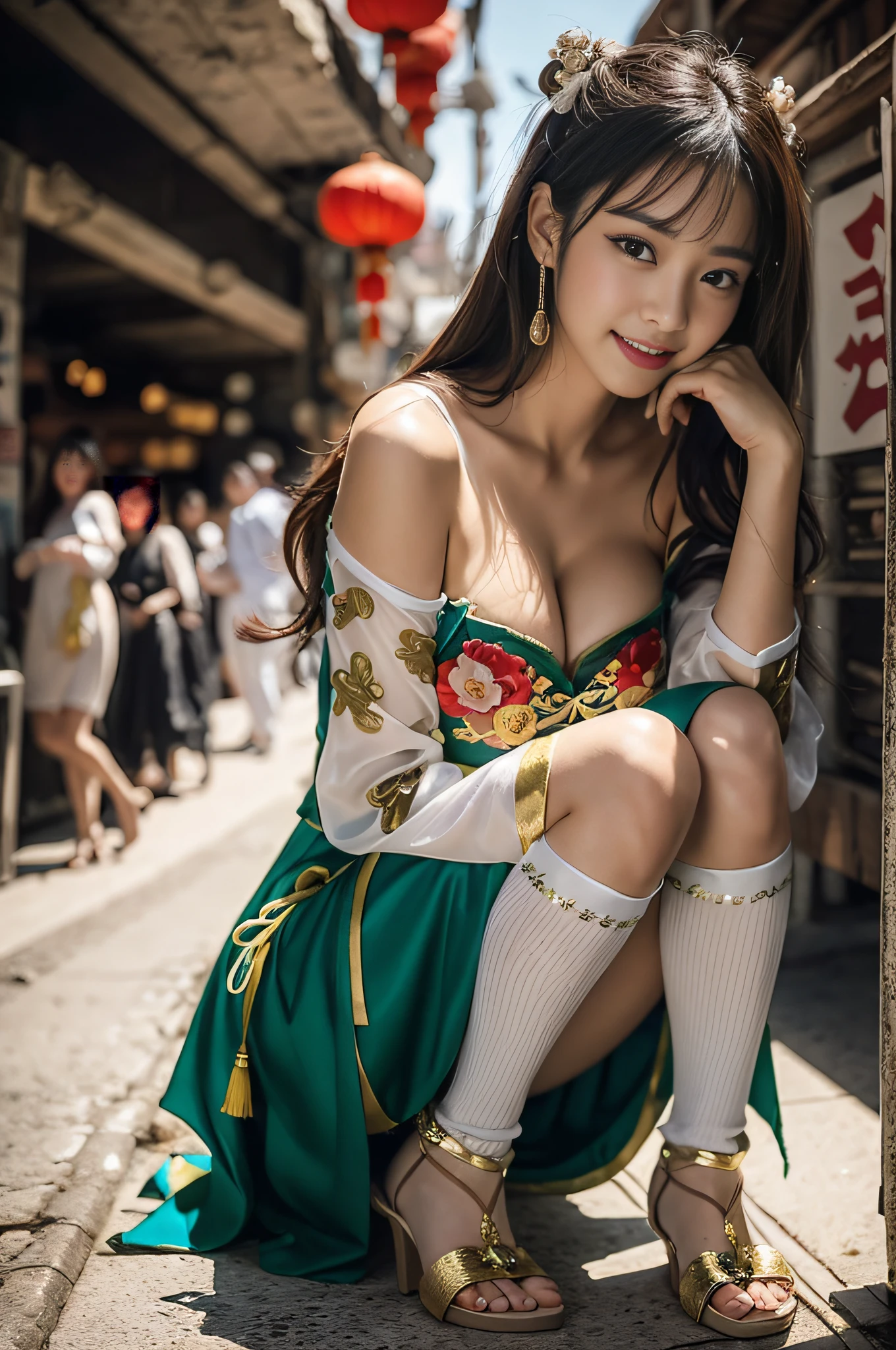 (((long Traditional Chinese costumes outfit comes off))),(((view full body))),(((Show cleavage))),(((bare inner thigh)))、(((show side breast))),(((detached sleeves))),(((over-kneehighs))),ulzzang-6500-v1.1, (Raw photo:1.2), (Photorealsitic:1.4), a beautiful detailed girl, extremely detailed eye and face, beautiful detailed eyes, ultra-detailed, High resolution, top-quality, ​masterpiece, ighly detailed, 8k wallpaper, magnifica, finely detail, top-quality, Light on the face,电影灯光,1girl in,(Kowloon City),Beautiful eyes,a smile,Opening Mouth