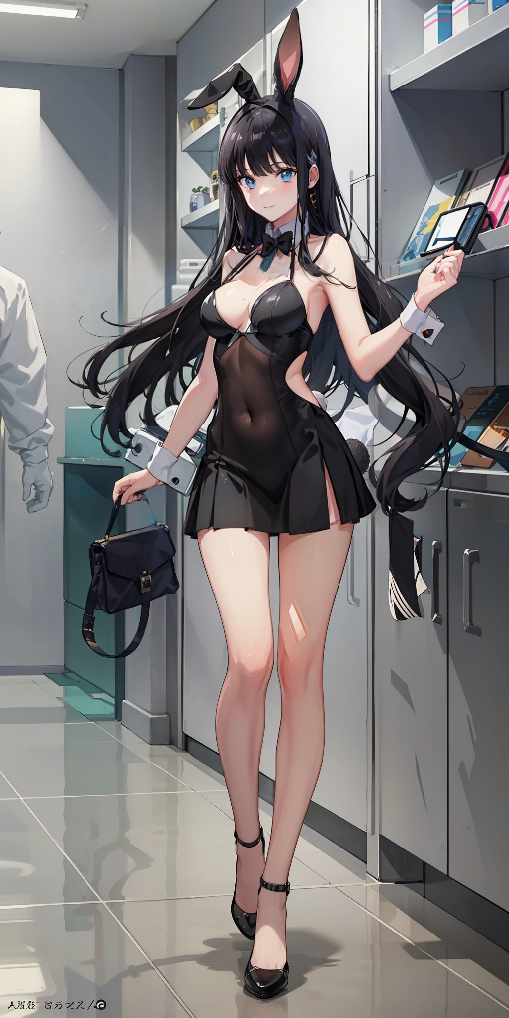 masterpiece, best quality, ultra-detailed, illustration,1girl,
long hair, black hair,
medium breast, skirt, slim legs, navel, nervous, bunny girl outfit
