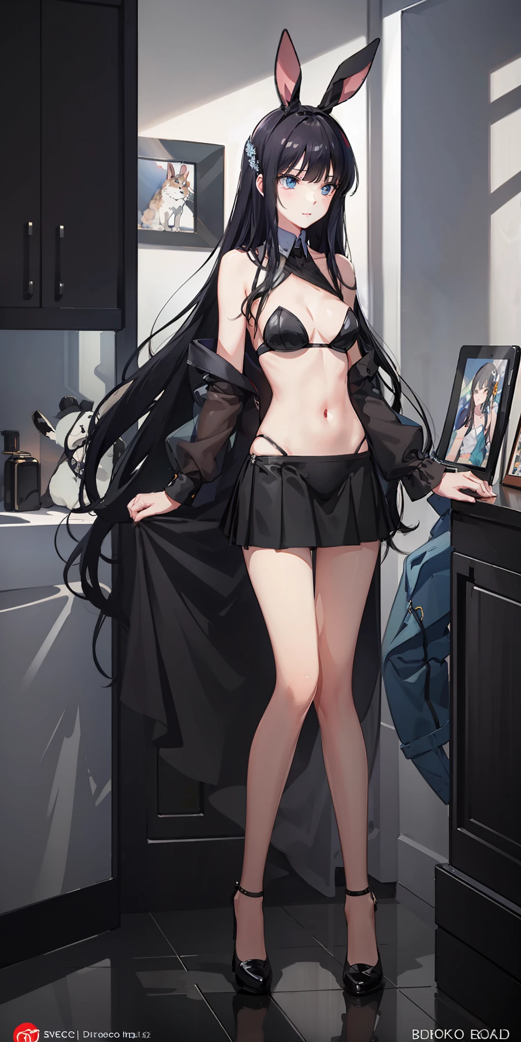 masterpiece, best quality, ultra-detailed, illustration,1girl,
long hair, black hair, 
medium breast, skirt, slim legs, navel, nervous,  bunny girl outfit