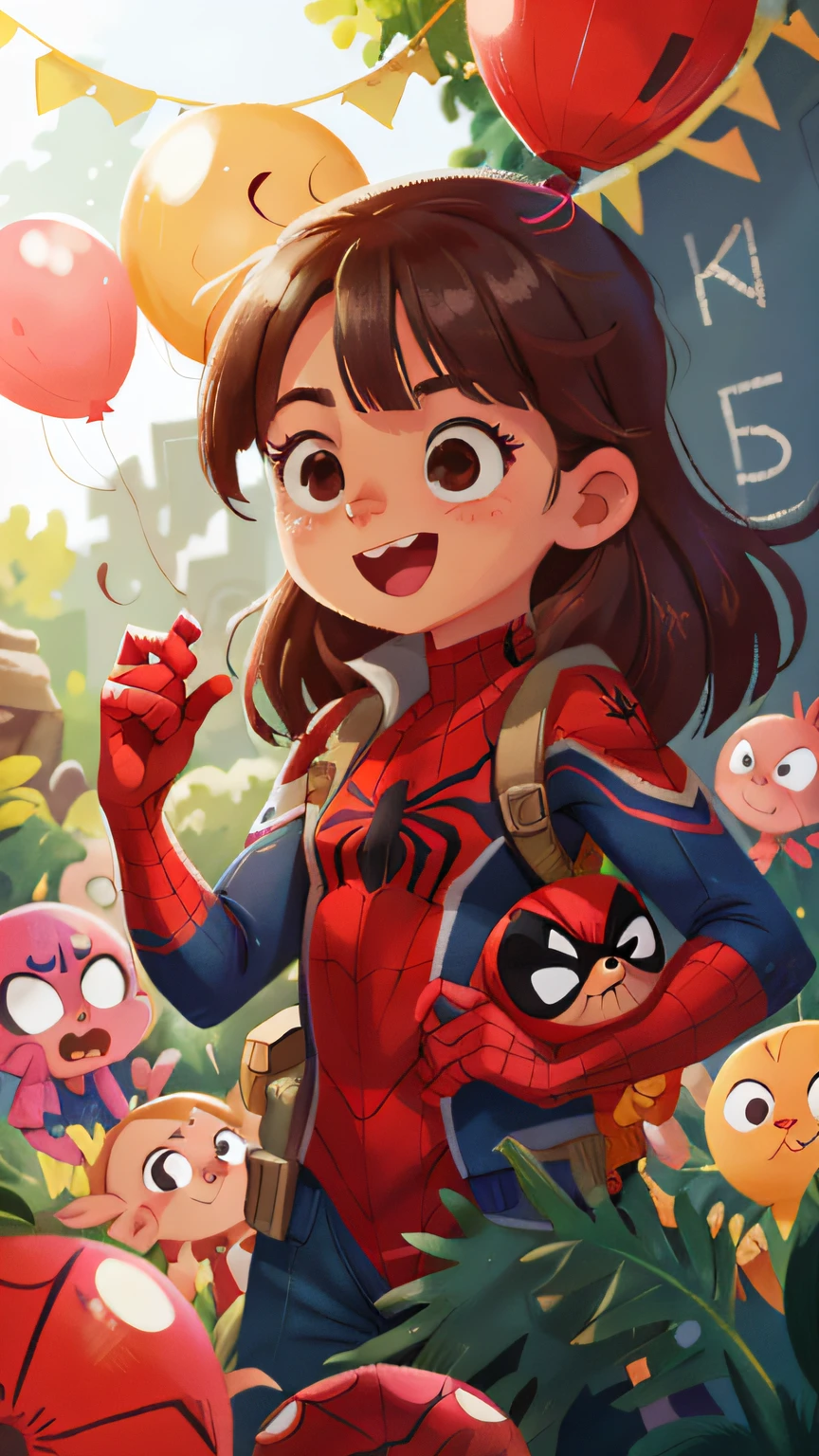 zoo，Female Spider-Man girl，Spider-Man's clothes，Many balloons,cheerfulness，Rejoice，Perfect quality，Clear focus（Clutter - home：0.8）， （tmasterpiece：1.2） （realisticlying：1.2） （Bokeh） （best qualtiy） （detailedskin：1.3） （complexdetails） （8K） （detailedeyes） （Sharp focus）,（having fun）