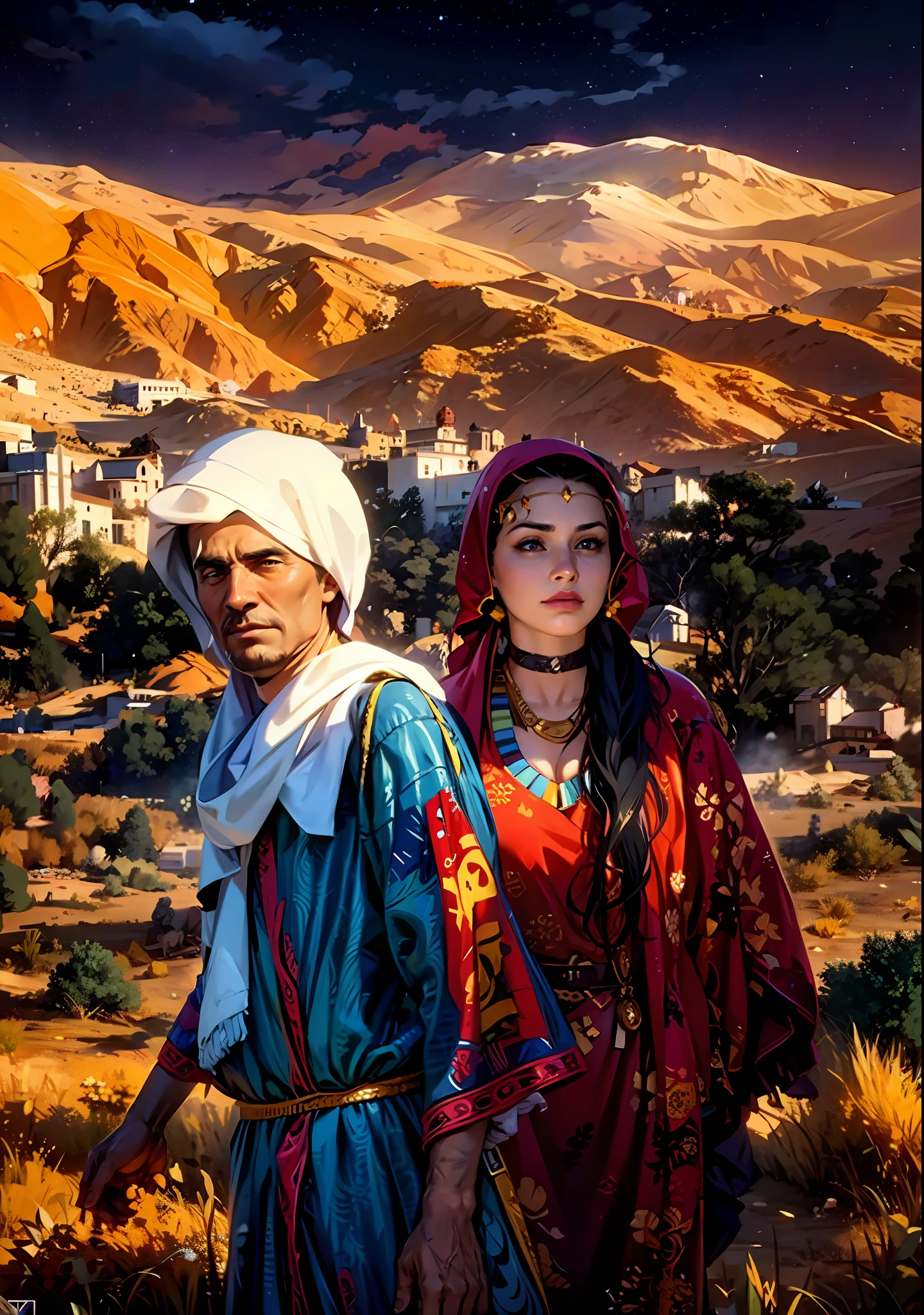 (Best Quality, Masterpiece), A cinematic movie poster for a historical film, cinematic, fade, Arabic couple, showcasing their Berber heritage, man wearing blue Djellaba, white hoodie, woman wearing red scarf, tattoo on her face, standing in the mesmerizing expanse of the desert, night sky, night time scene, movie cover, movie poster, cinematic fade, mist, night sky, look at the viewer,