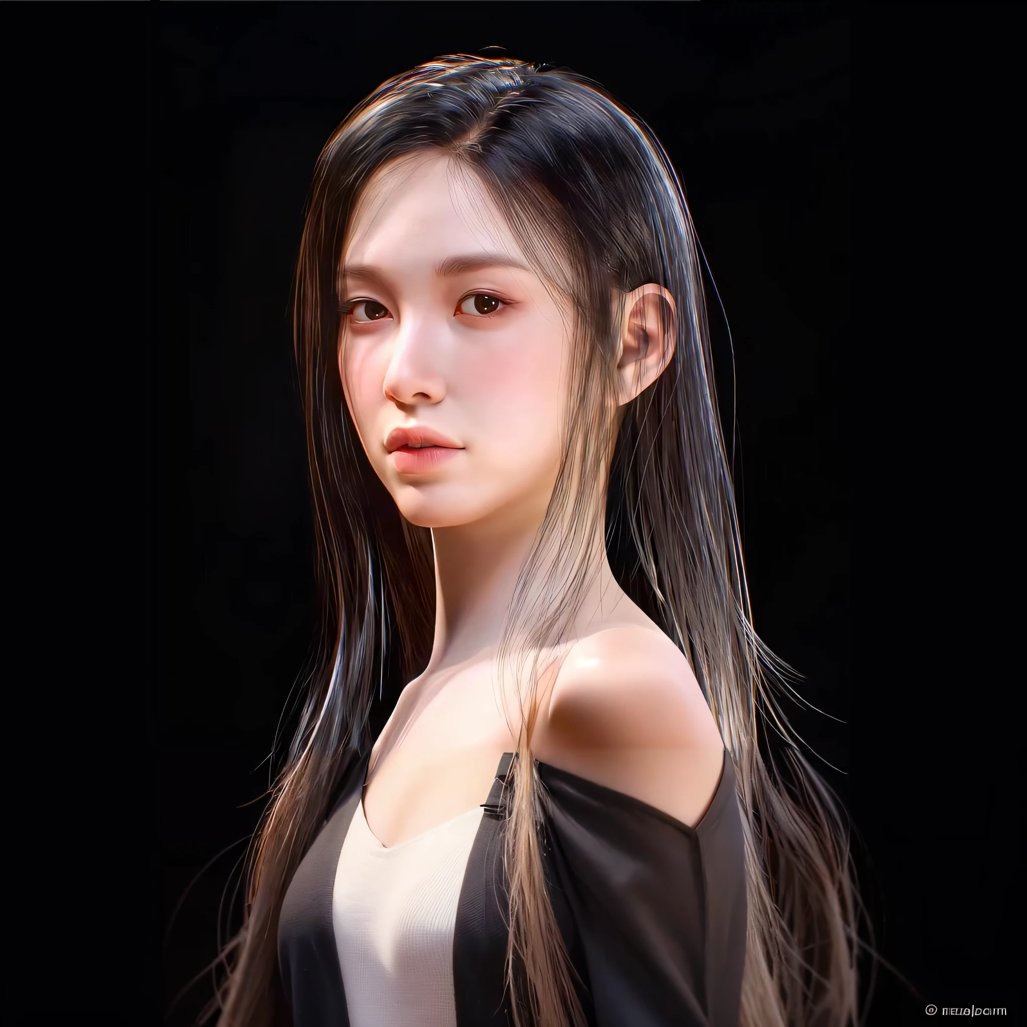 Image of a woman with long hair and black background wearing a white bandeau dress, Realistic. Cheng Yi, 8k digital painting, 3 d anime realistic, Rendu portrait 8k, Smooth anime CG art, Realistic anime 3 D style, 8 k resolution digital painting, 8k resolution digital painting, 8 k realistic digital art, by Russell Dongjun Lu, inspired by Yanjun Cheng
