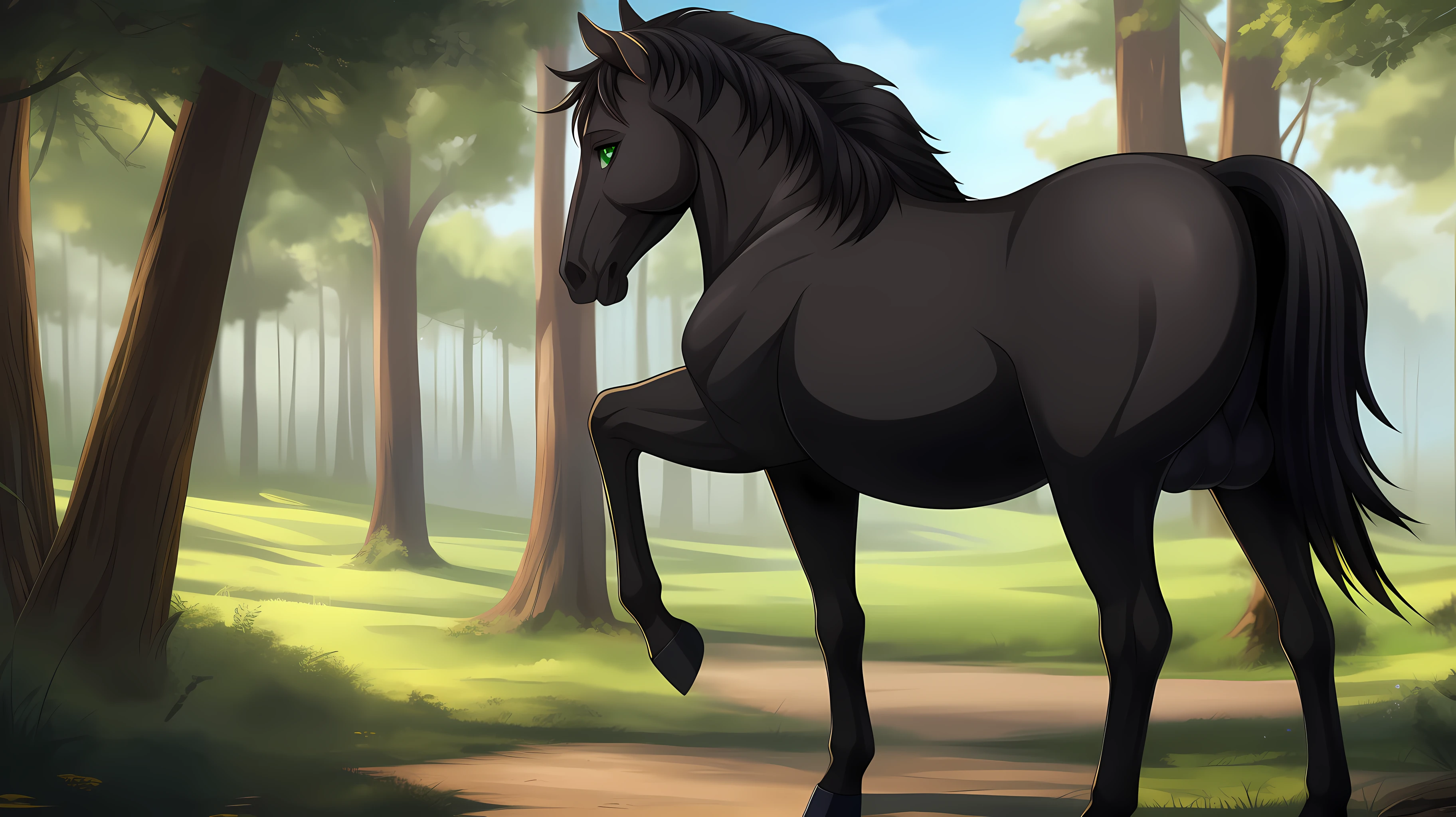 stallion black horse feral((perfect anatomy)),big butt,two balls between the legs((perfect precision)),beautiful butt((perfect quality)),male,on mid of forest,long black hair((perfect quality)),green eyes((perfect quality)),anime art ((best quality)), 4k