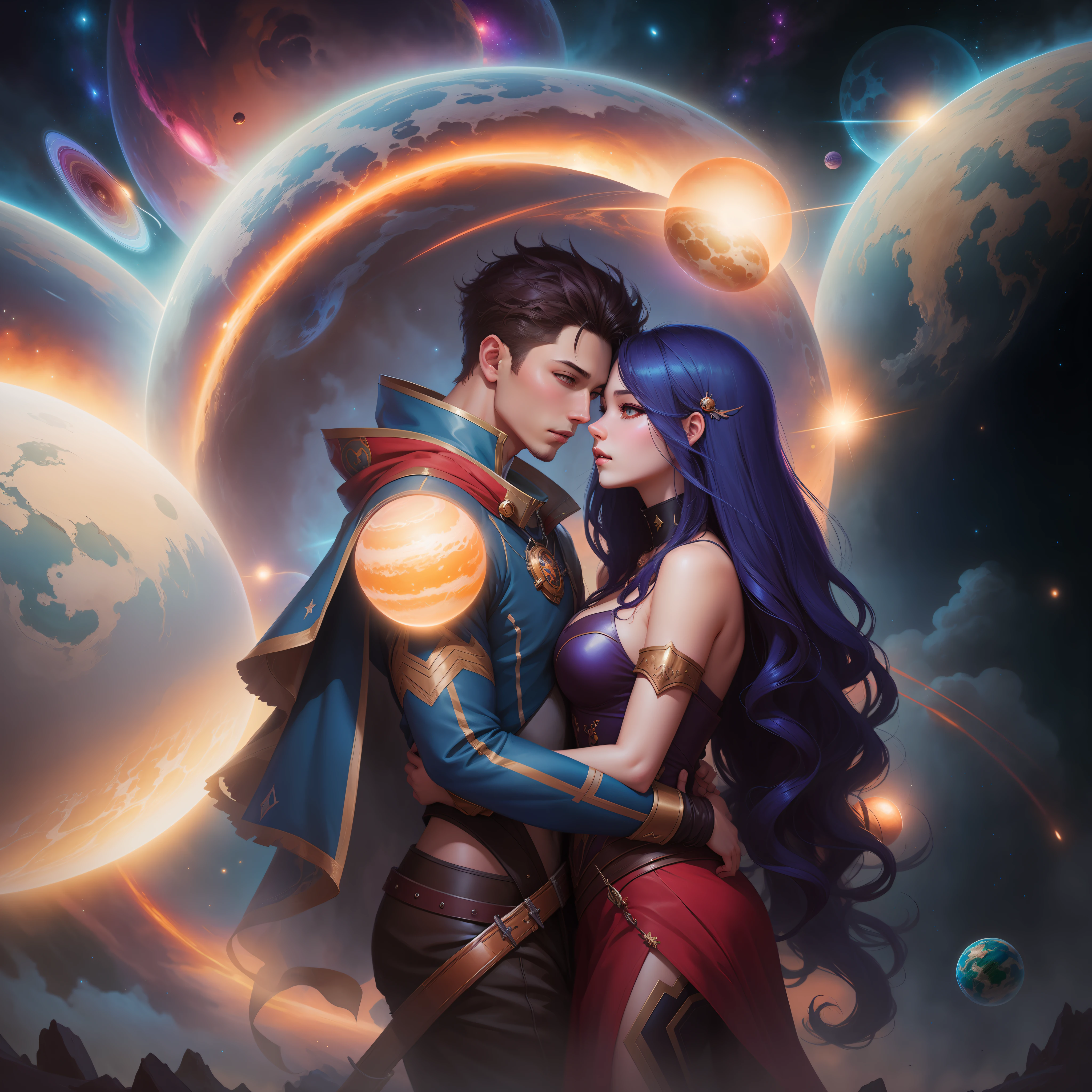 anime couple in space with a planet in the background, fantasy art style, fantasy art behance, wlop and ross tran, charlie bowater and artgeem, high quality fantasy art, epic fantasy digital art style, edgar maxence and ross tran, ross tran and bayard wu, digital fantasy art ), fantasy digital art