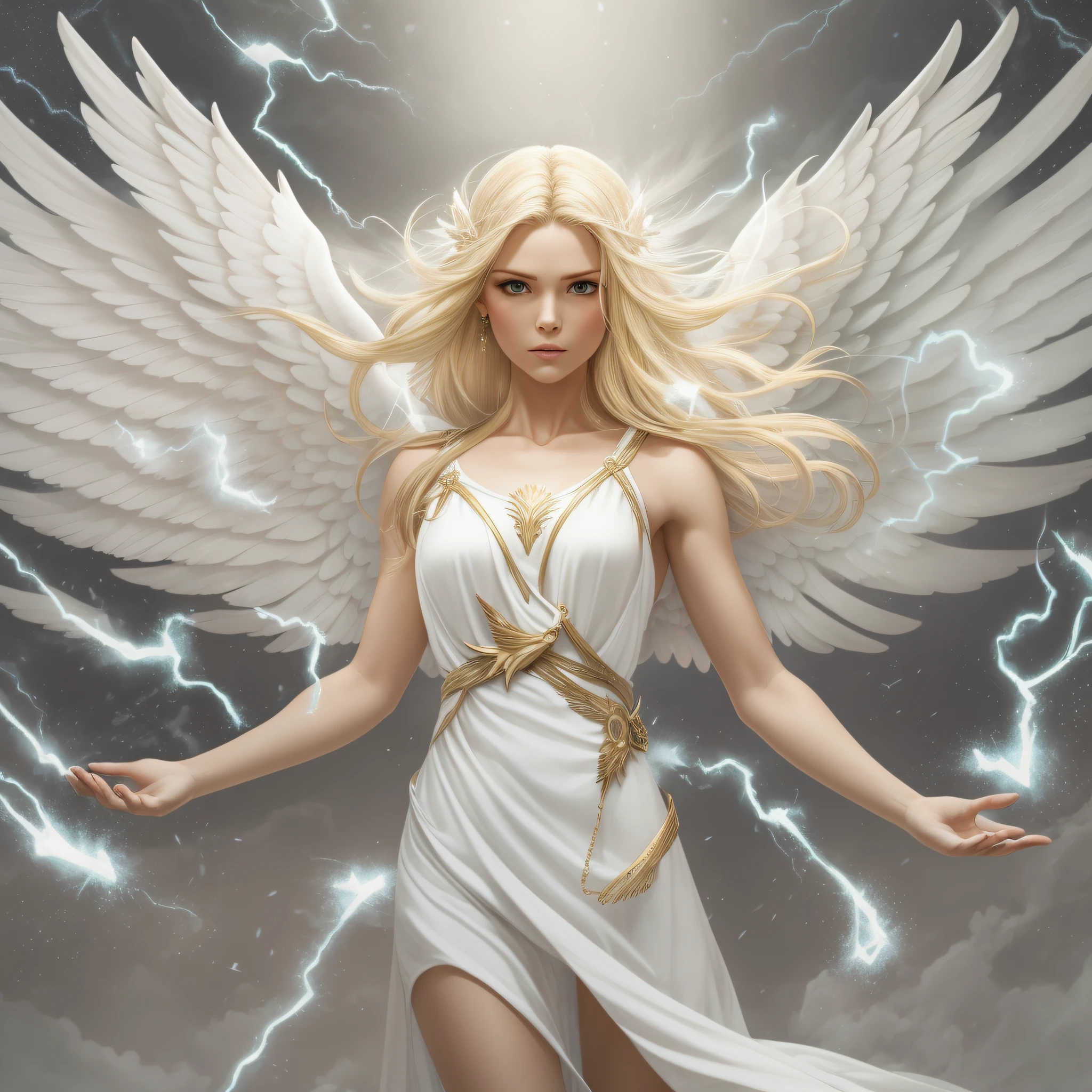A white angel blonde woman, with white wings, fierce eyes, wearing a tiny ancient white dress is holding thunderbolts in her hands. She is flying. Goddess flying