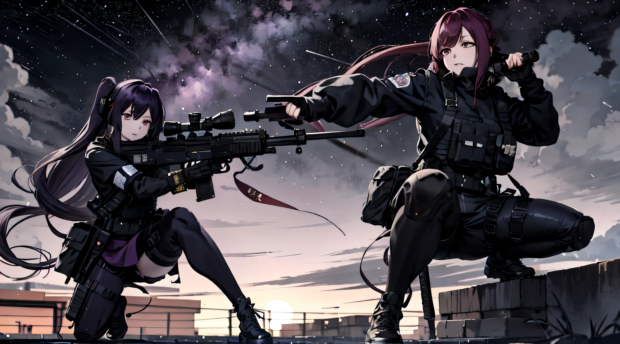 masutepiece,Best Quality, Fighting girl wielding a sniper rifle, with serious face expression、long purple hair、of a sniper girl in war, female action anime girl, 4 k manga wallpaper, badass anime 8 K, 4k anime wallpaper, anime art wallpaper 4k, anime art wallpaper 4k, best anime 4k konachan wallpaper, anime wallpaper 4k, anime wallpaper 4 k