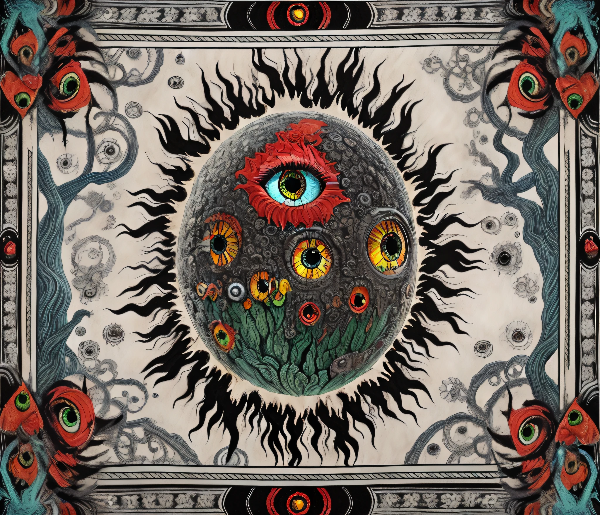 a close up of a painting of a sun with a flower, 3rd eye, shamanic horror lsd art, shamanic poster ??? art, psychedelic cosmic horror, all - seeing eye, one eye red, all seeing eye, burning eyes, ( all seeing eye ), psychedelic illustration, third eye, tapestries of dreams, mystic eye, psychedelic trip