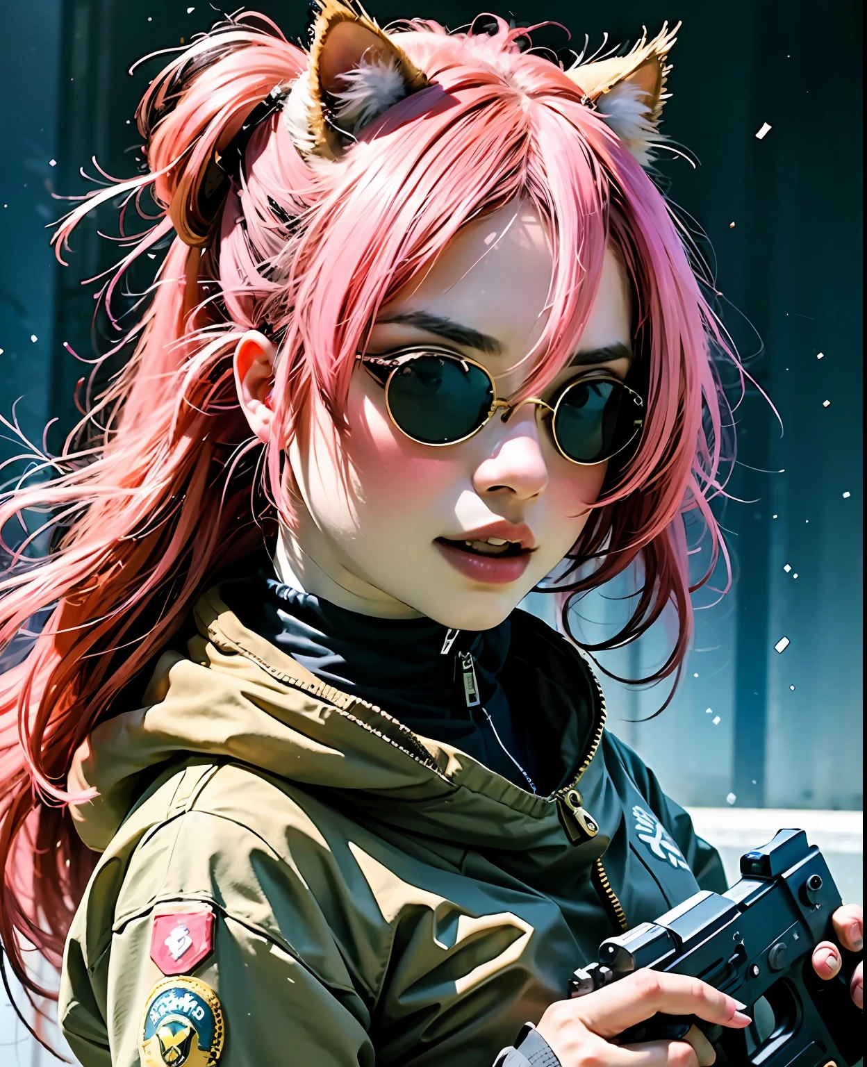 best quality , masterpiece, 4females, kawaii girls with assault rifles in a battle field, in full set of swat armor, kawaii, cute clothes, detailed face, holding gun, assault rifle, military uniform, ((aiming gun at viewer)), depth of field, angry looking. pink hair, white hair, cat ears