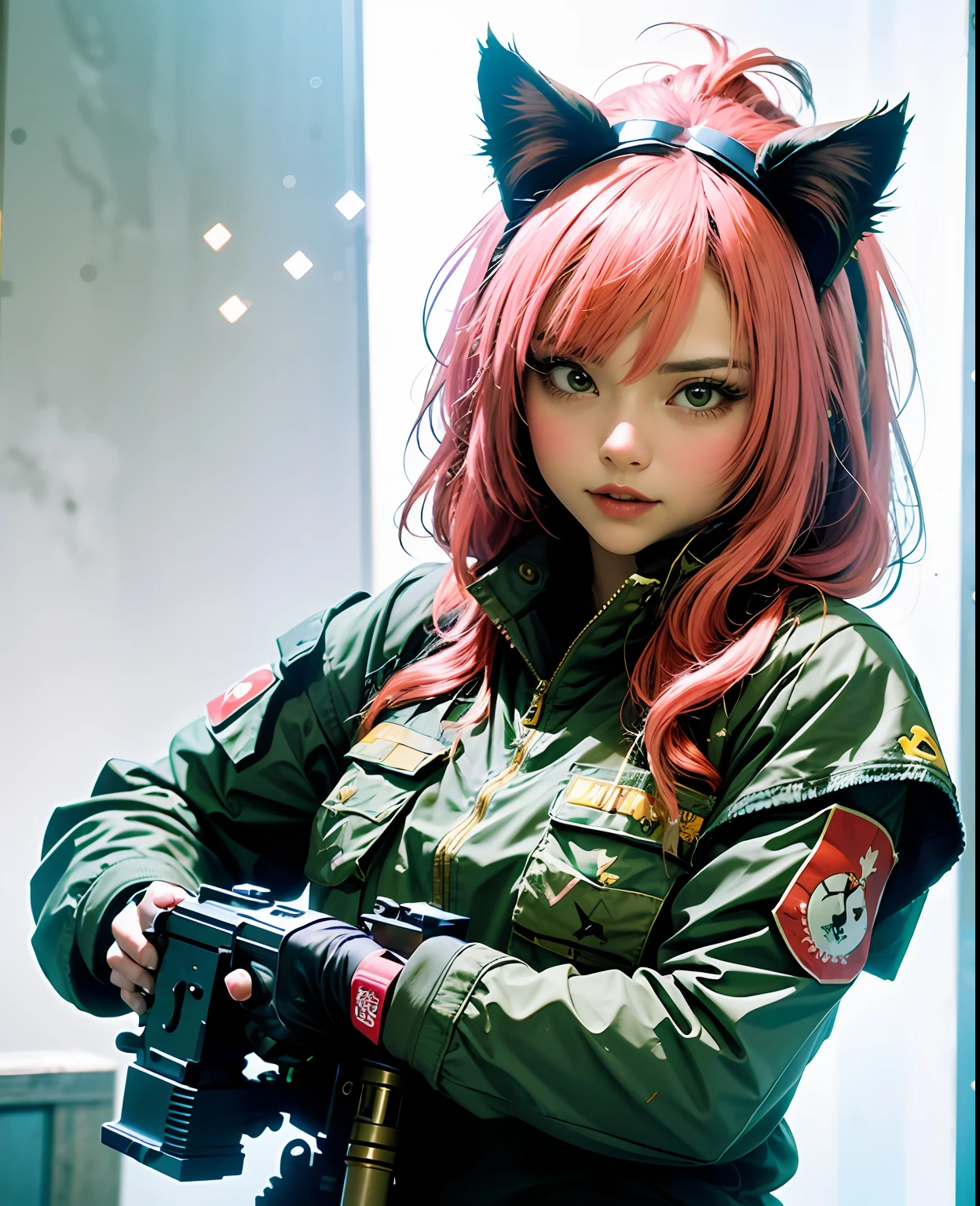 best quality , masterpiece, 4females, kawaii girls with assault rifles in a battle field, in full set of swat armor, kawaii, cute clothes, detailed face, holding gun, assault rifle, military uniform, ((aiming gun at viewer)), depth of field, angry looking. pink hair, white hair, cat ears
