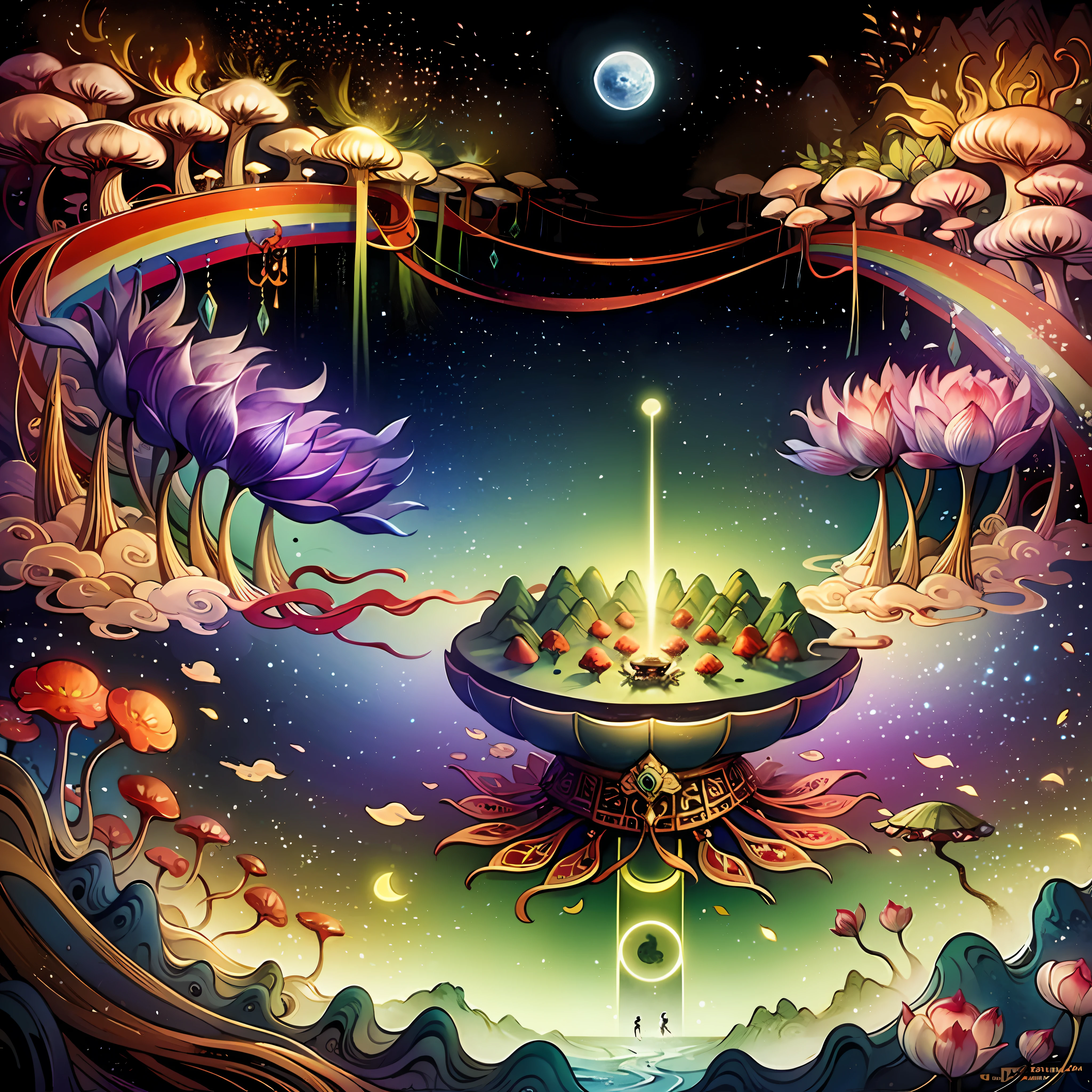 An ancient Chinese painting, ancient Chinese background, mountains, rivers, auspicious clouds, pavilions, sunshine,(psychedelic details),(mushrooms),lotus,(rainbow),(trippy),(DMT),intricate details, more details, high details,masterpieces, super detail, epic composition, ultra HD, high quality, extremely detailed, official art, unified 8k wallpaper,(show full objects ),Super detail, 32k -- v 1.7
