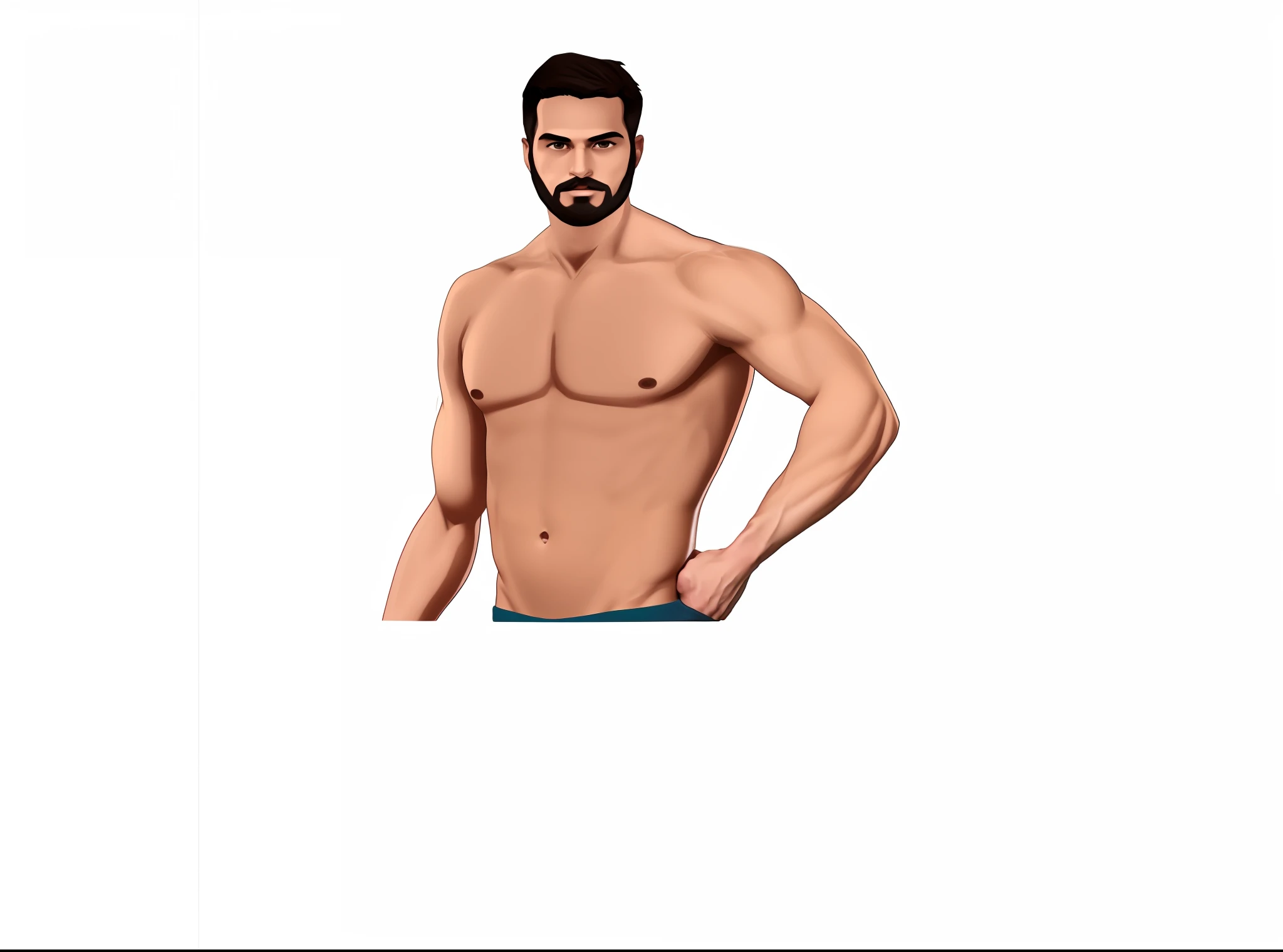 Bearded and shirtless man standing with his hands on his hips, tipo de corpo muscular, muscular character, forma realista do corpo, corpo completo do personagem, rotoscopia, corpo e rosto detalhados, personagem masculino, head and torso only, corpo perfeito sombreado realista, Rosto e corpo detalhados, arte masculina, realistic body features and face, corpo detalhado completo