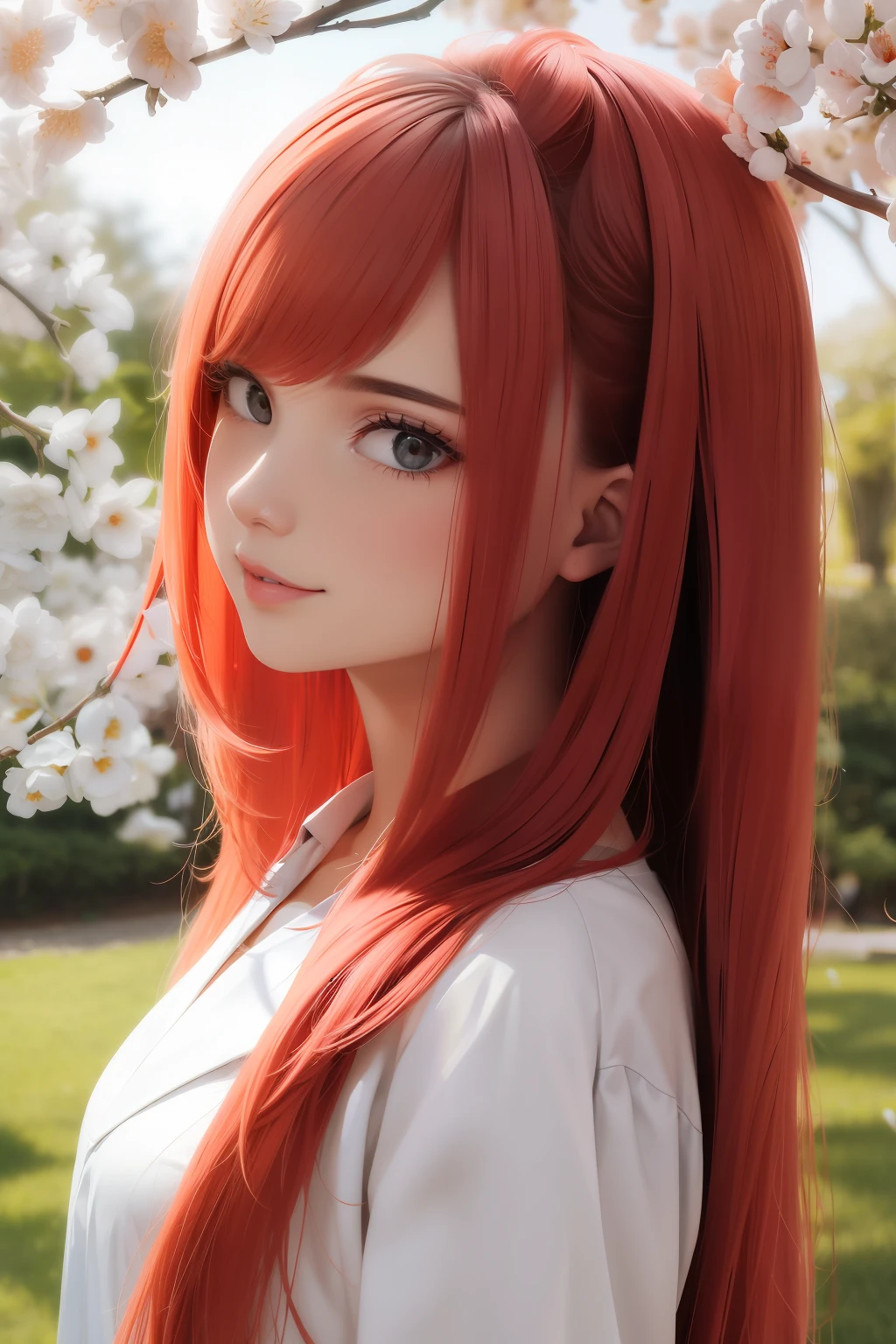melhor qualidade, obra-prima, cabelo branco, olhos azuis, olhando para cima, parte superior do corpo, behind a cherry tree