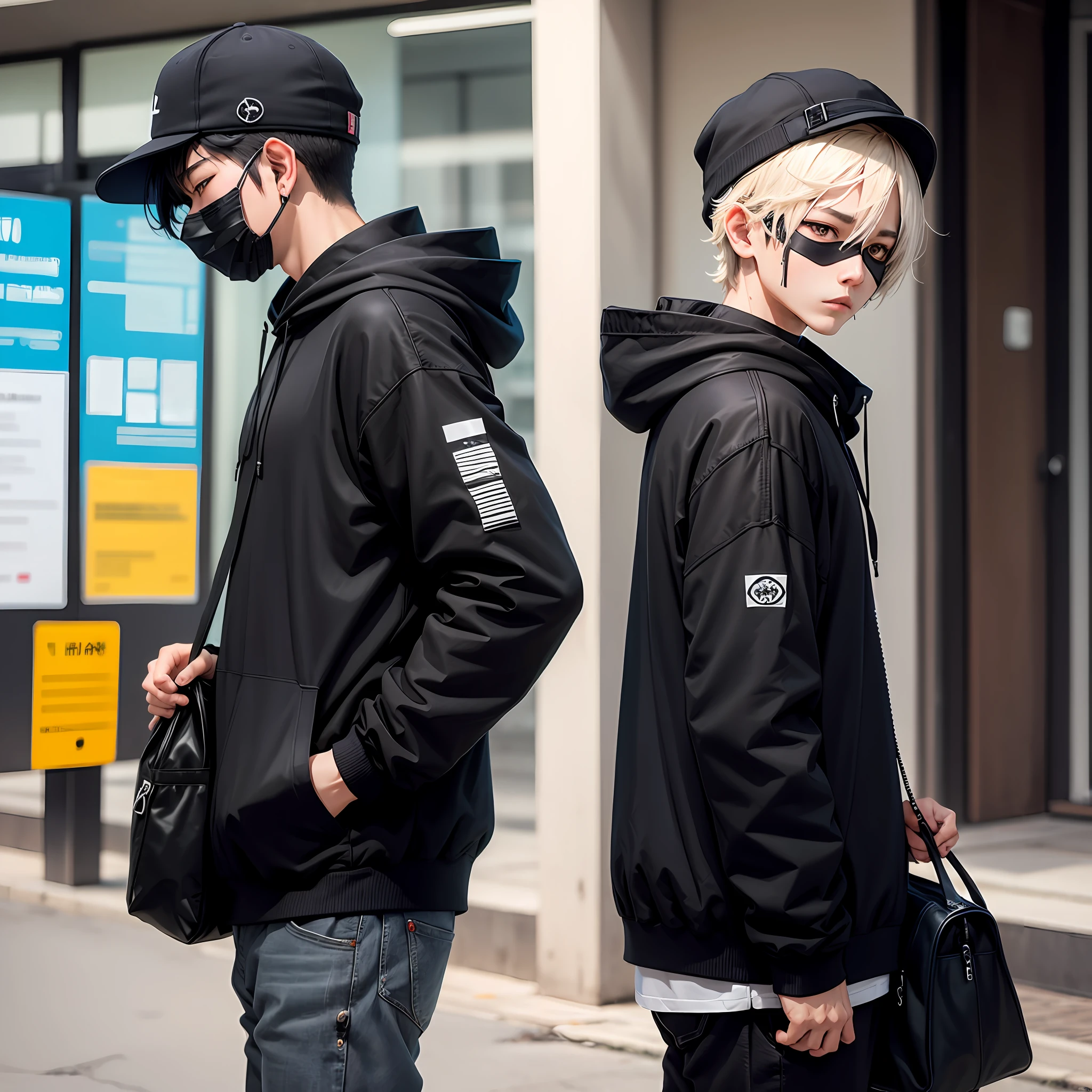 Anime boy in black mask and black cap with black hoodie, baground white --auto