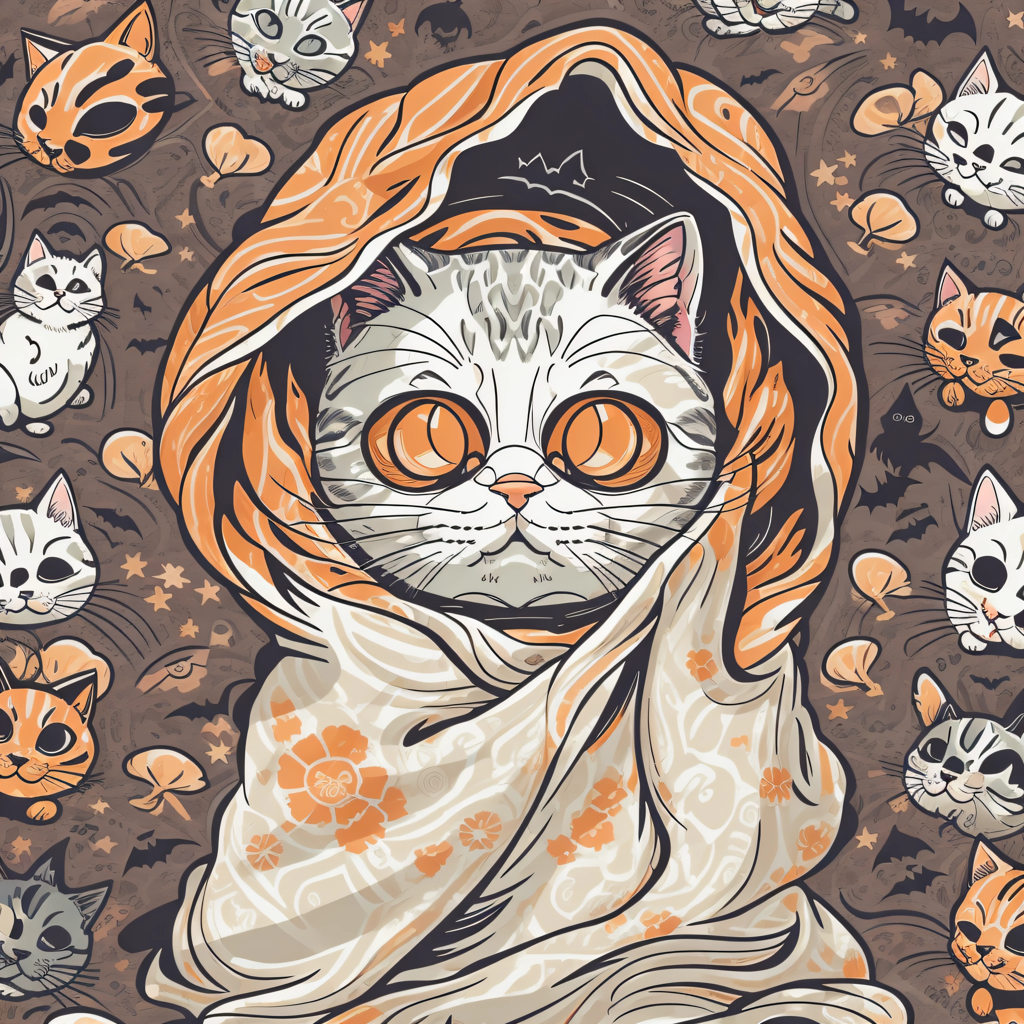 white background,very details cute cat wearing white blanket like a ghost with halloween background, Tshirt design, streetwear design, pro vector, japanese style, full design, 6 colors only, solid colors, no shadows, full design, warm colors, sticker, bright colors