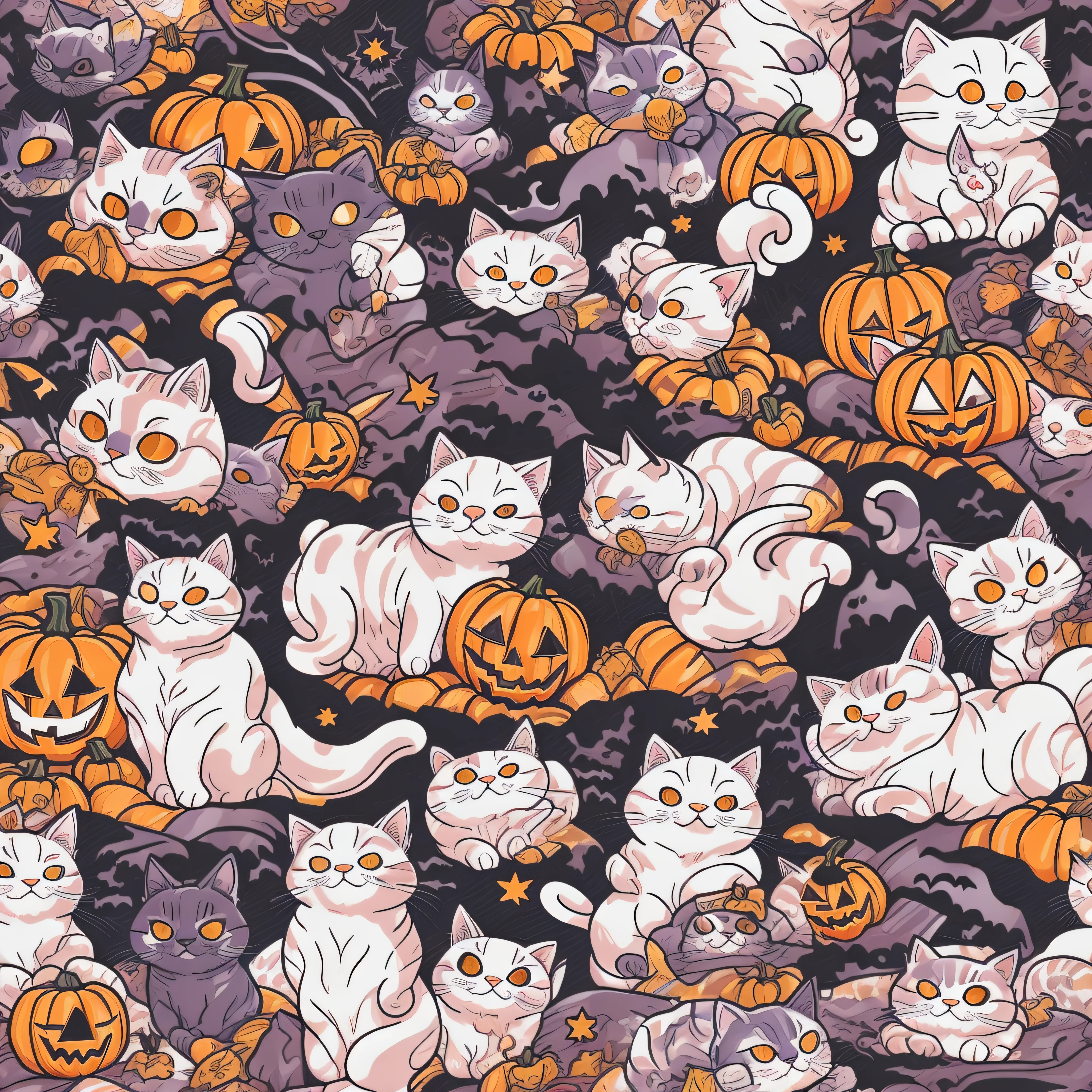 white background,very details cute cat wearing white blanket like a ghost with halloween background, Tshirt design, streetwear design, pro vector, japanese style, full design, 6 colors only, solid colors, no shadows, full design, warm colors, sticker, bright colors