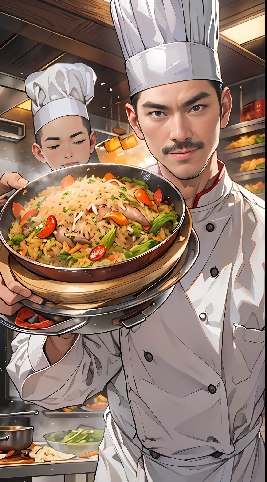 In a live broadcast room，A male chef dressed in chef's costume stands in front of the kitchen，Hold a shining wok in hand，On top stir-fried a mouth-watering Supreme Emperor fried rice。Best quality，Masterpiece level，super detailing，Highly delicate。