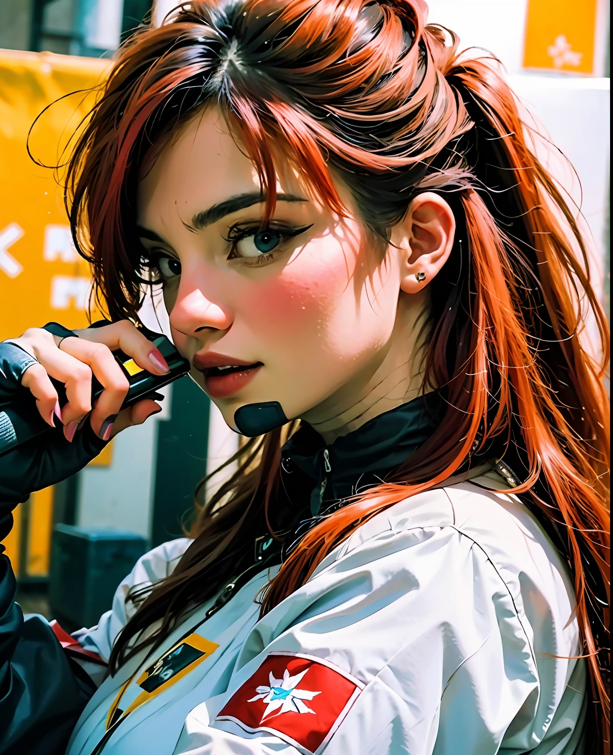 melhor qualidade, obra-prima, 4females,com fuzis de assalto em um campo de batalha, em conjunto completo de armadura swat, roupas bonitas, rosto detalhado, segurando arma, rifle de assalto, uniforme militar, ((apontando arma para o espectador)), profundidade de campo, olhar irritado. cabelo rosa, cabelo branco,