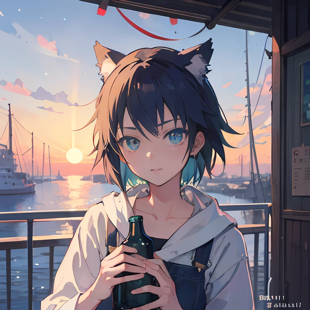 bust，Anime girl with cat and beer bottle on her head, lofi-girl, Lofi art, watching the sunset. Anime, Guviz-style artwork, cute detailed artwork, ( ( Makoto Shinkai ) ), Praise Artstyle, Guviz, cute anime catgirl, lofi portrait, lofi, by Kubisi art