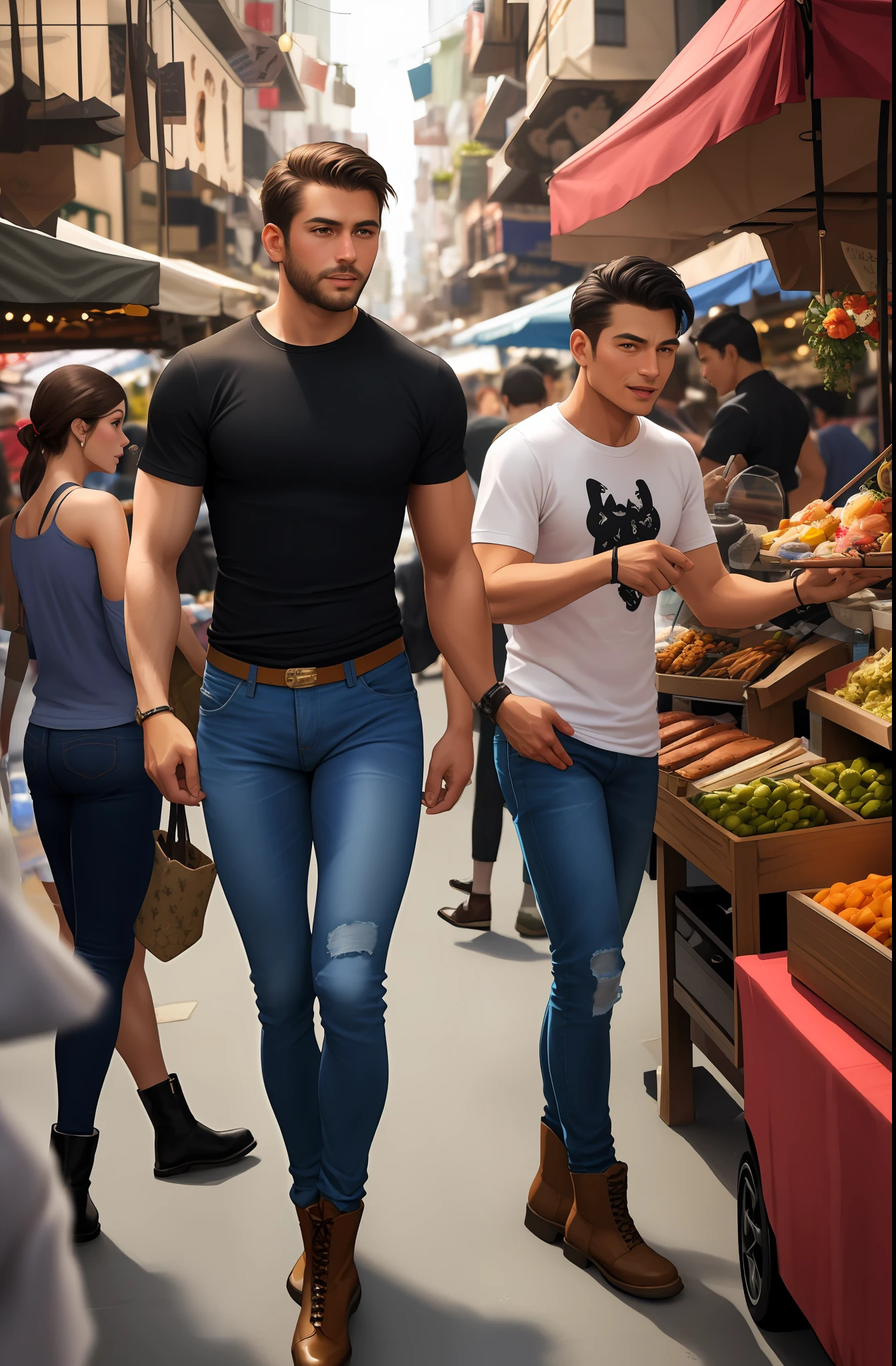 Handsome, manly street vendor, in a bustling and lively street market filled with vendors selling an array of goods, vibrant atmosphere, delightful aromas, diverse range of people, wear in black round neck plain Tee-shirt, full length tee-shirt, khaki tight jeans, ankle boots, tight jeans.